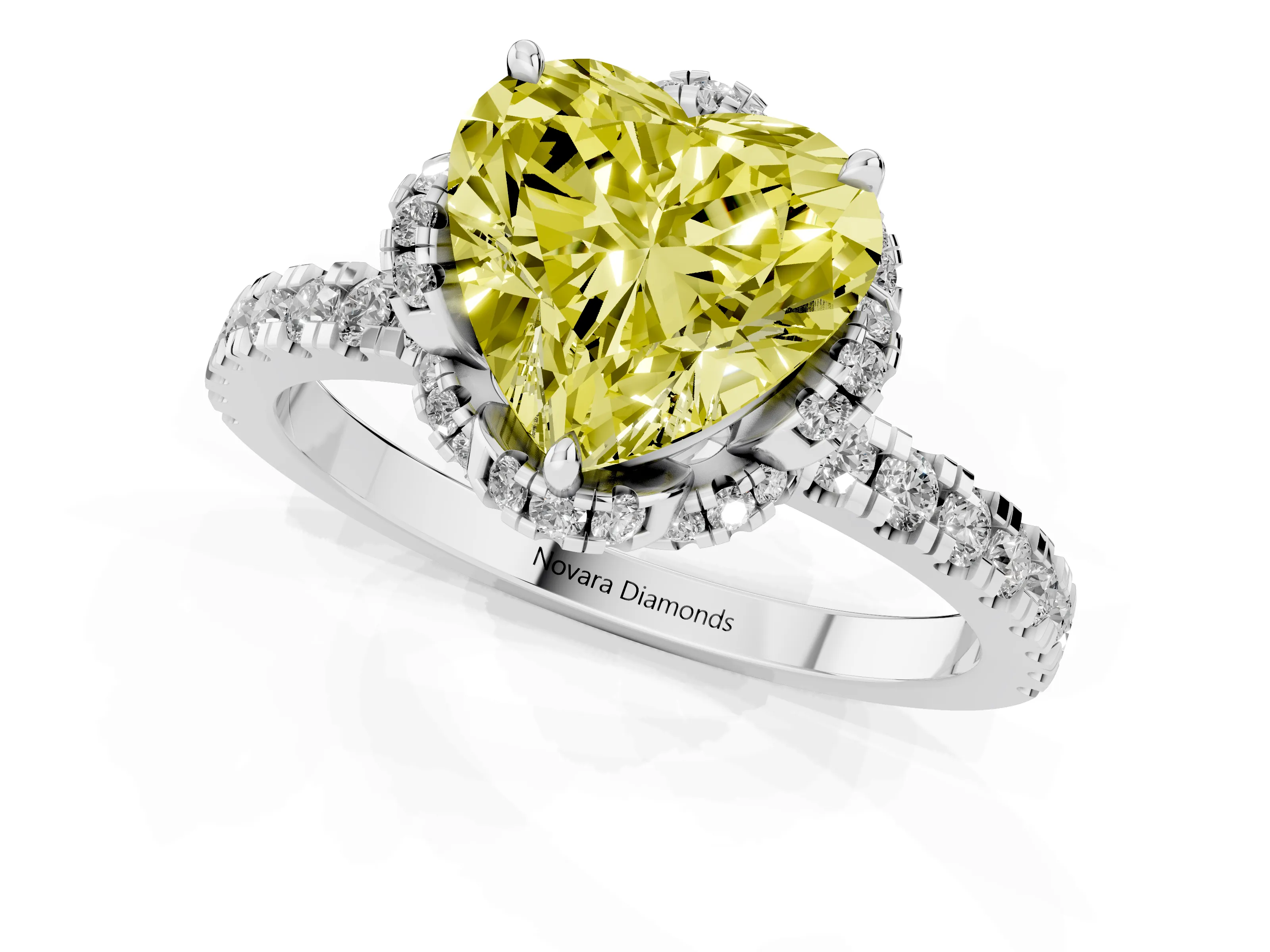 Fancy Yellow Heart Cut Diamond Halo Pavé Band Ring Set in White gold with Prong-Held Center