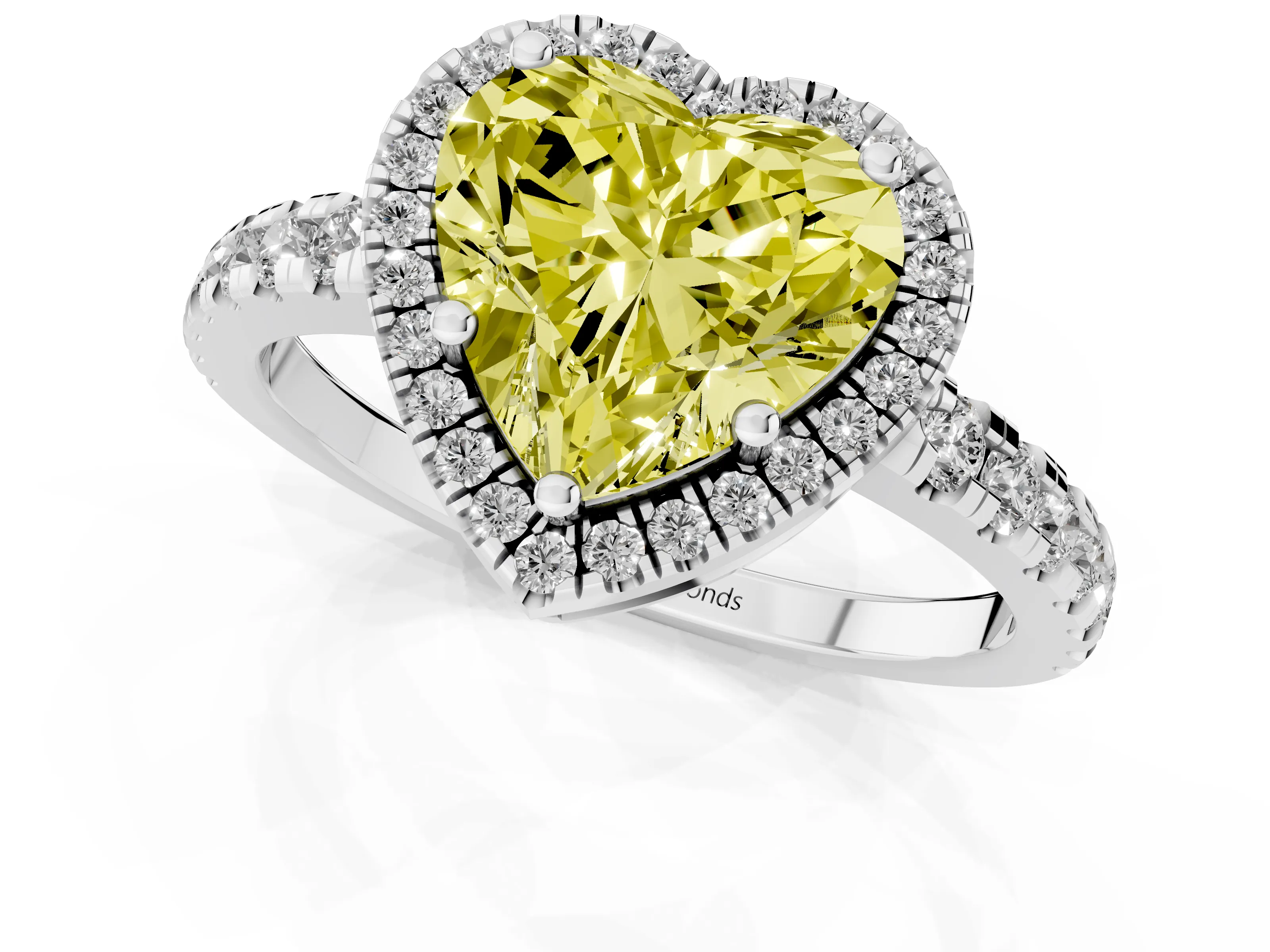Fancy Yellow Heart Cut Diamond Halo Ring Set in Platinum with Delicate Pavé Band and Prong Setting