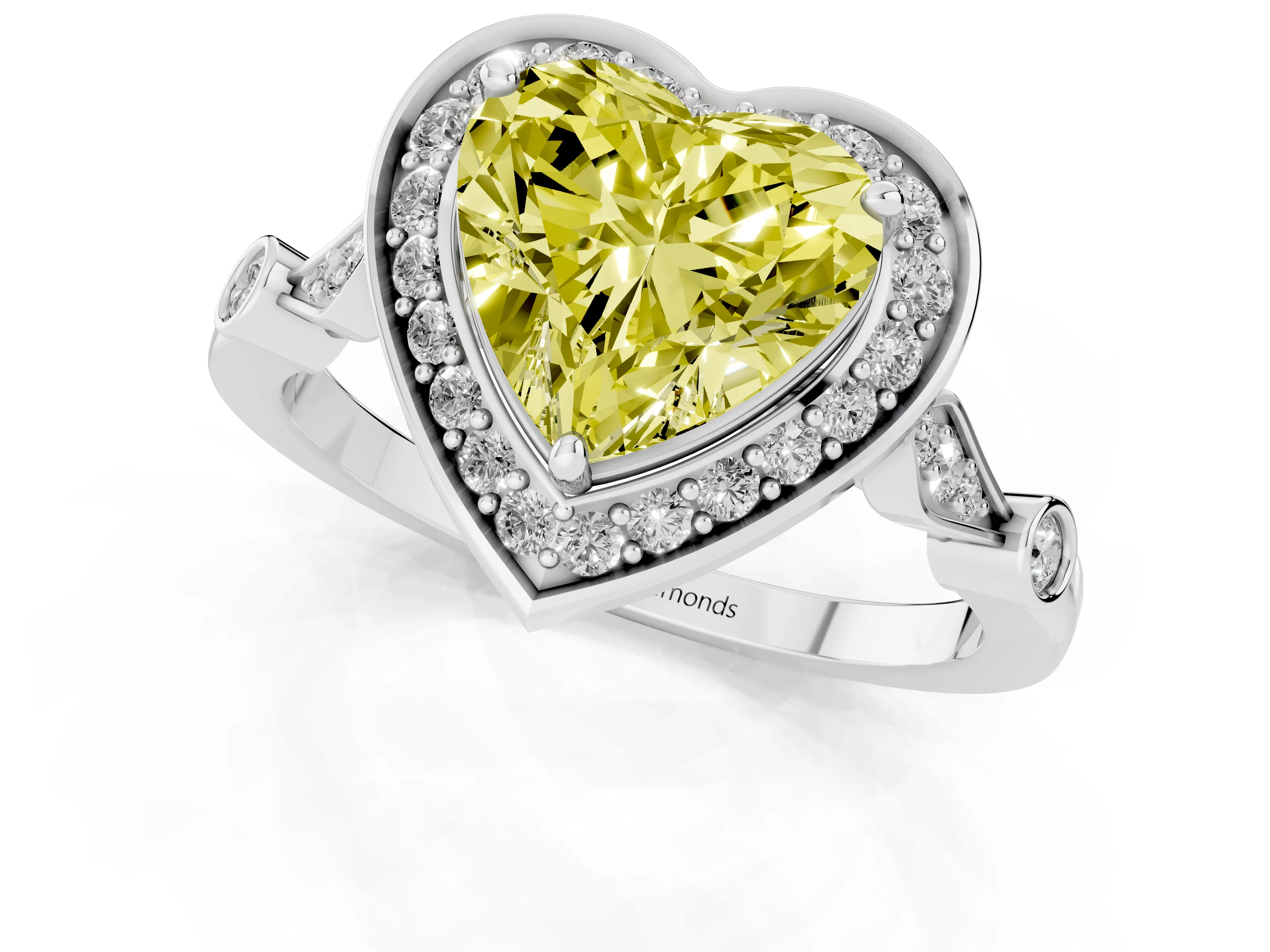 Fancy Yellow Heart Cut Diamond Halo Engagement Ring Set in Silver with Twisted Band and Prong Setting