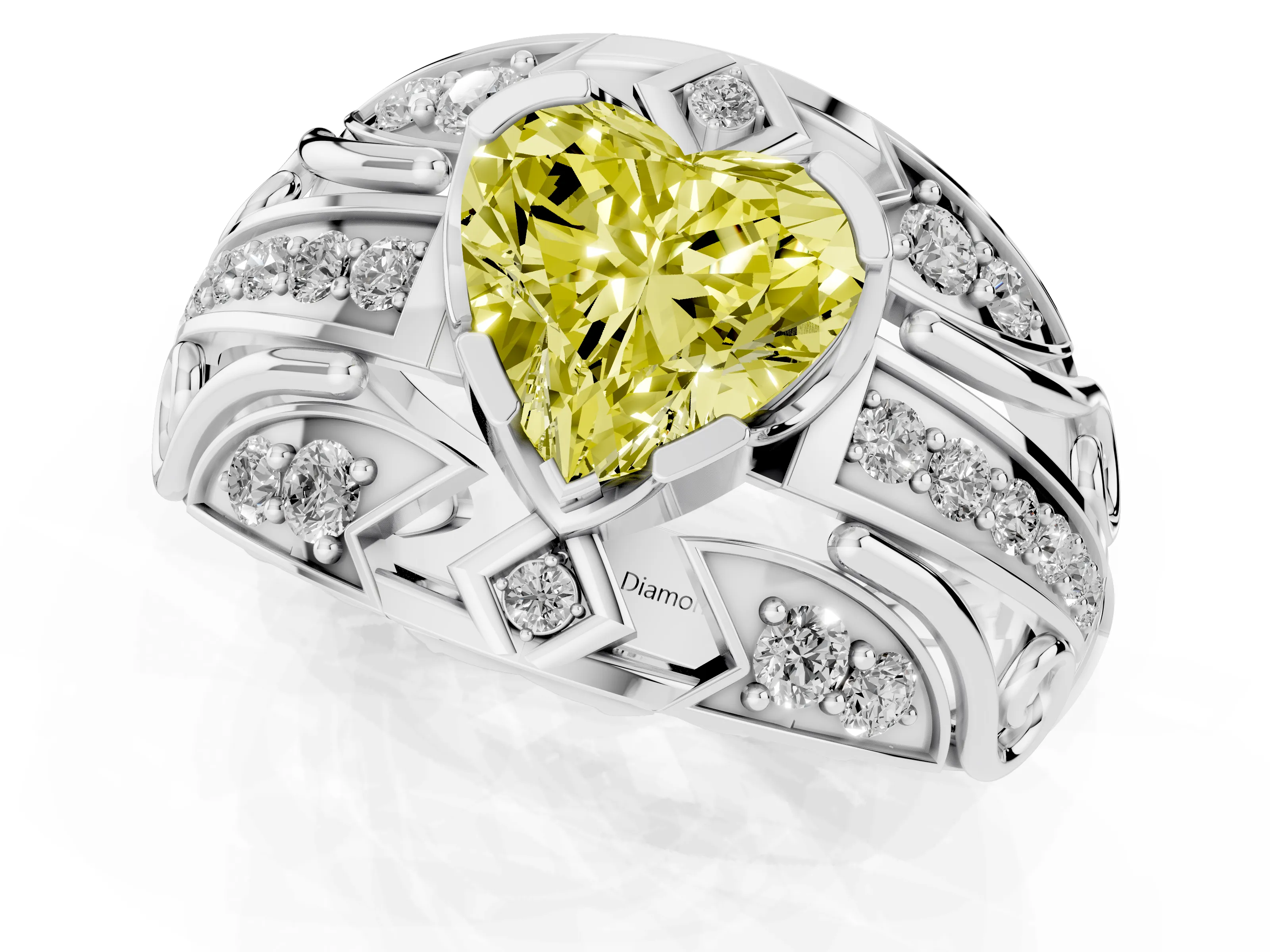 Fancy Yellow Heart Cut Diamond Art Deco Ring Set in Platinum with Pavé Split Shank