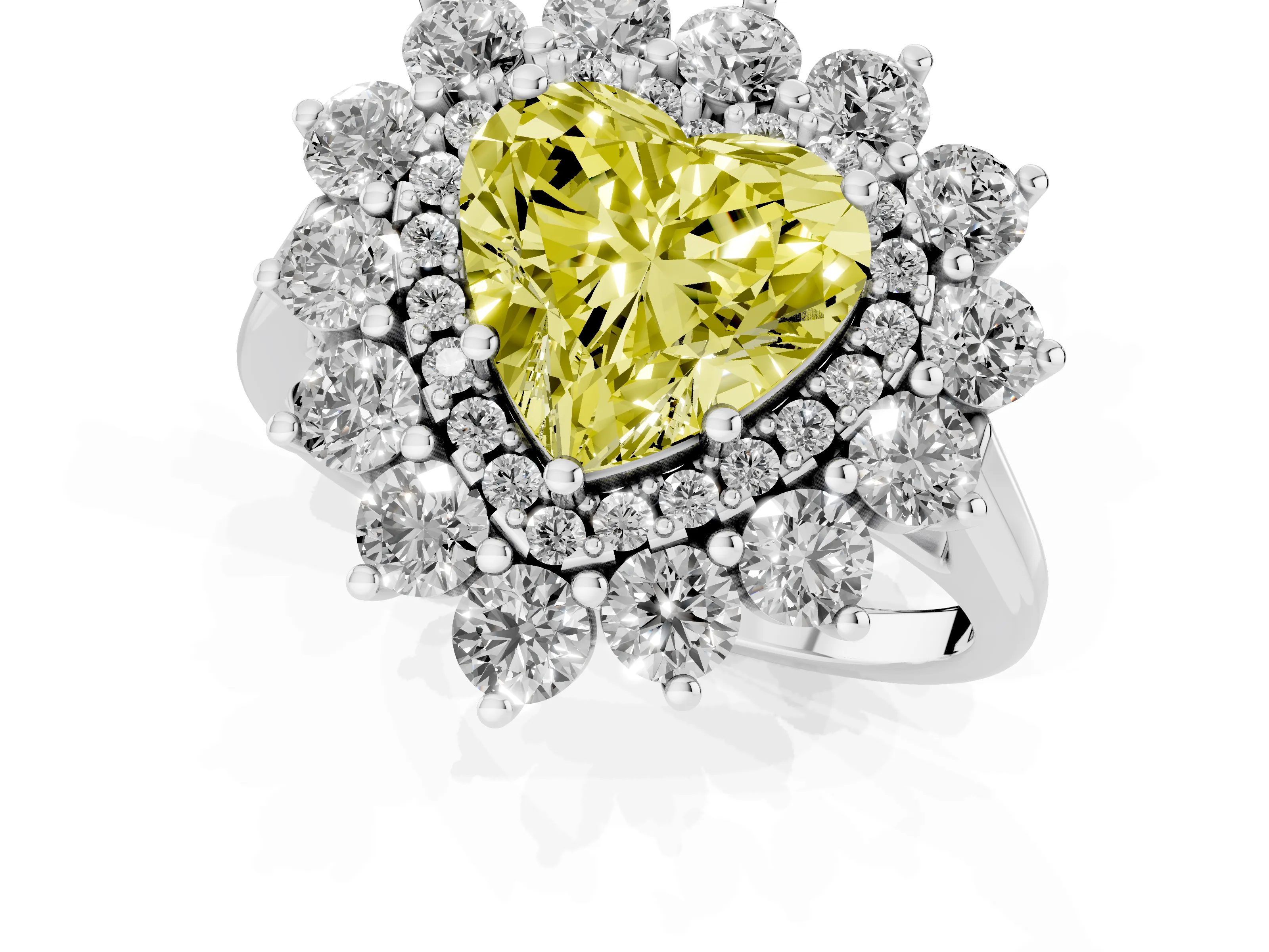 Fancy Yellow Heart Cut Diamond Floral Double Halo Ring Set in Silver with Round Petals
