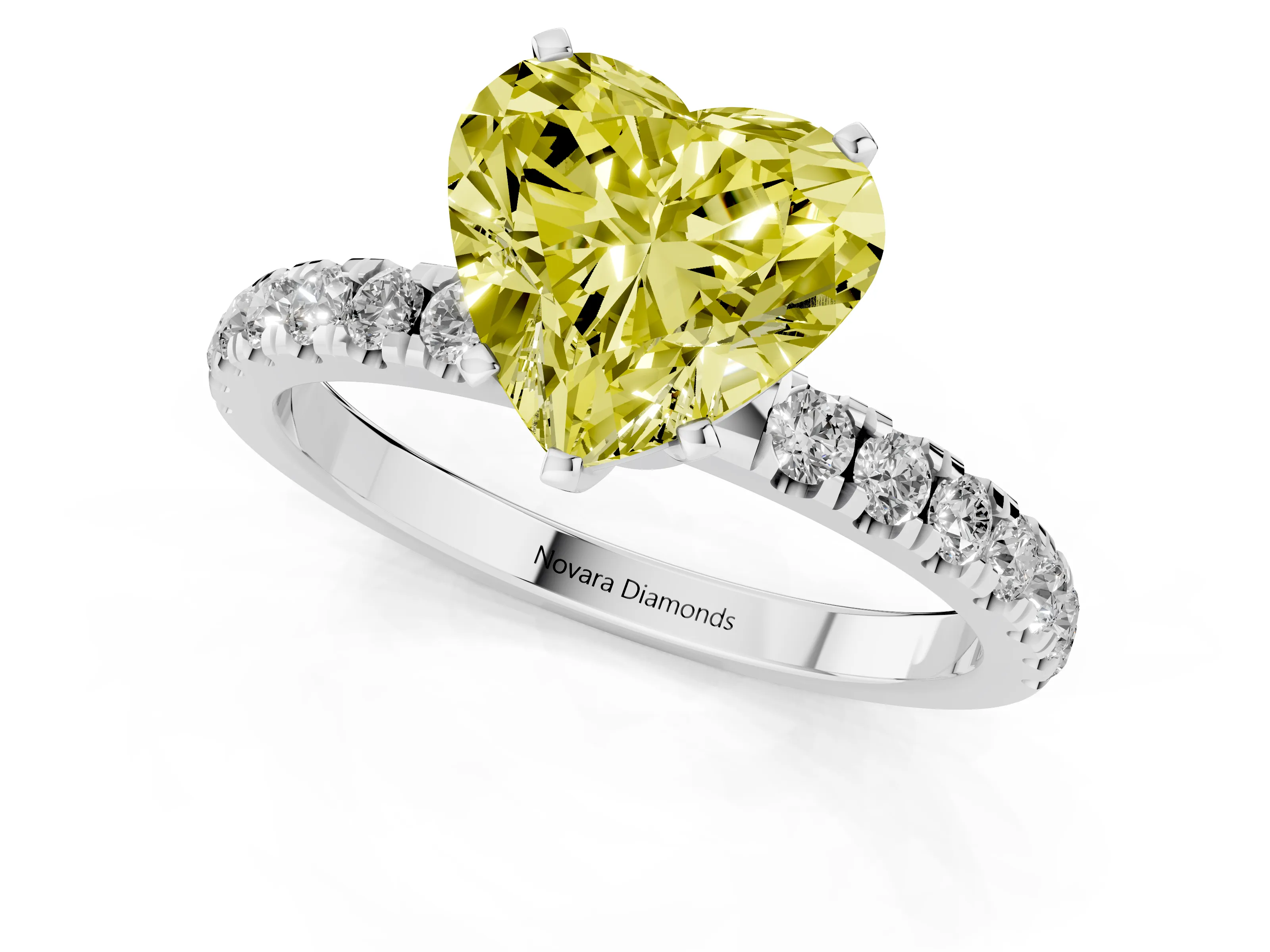 Fancy Yellow Heart Cut Diamond Solitaire Ring Set in Silver with Pavé Accents and Prong Setting