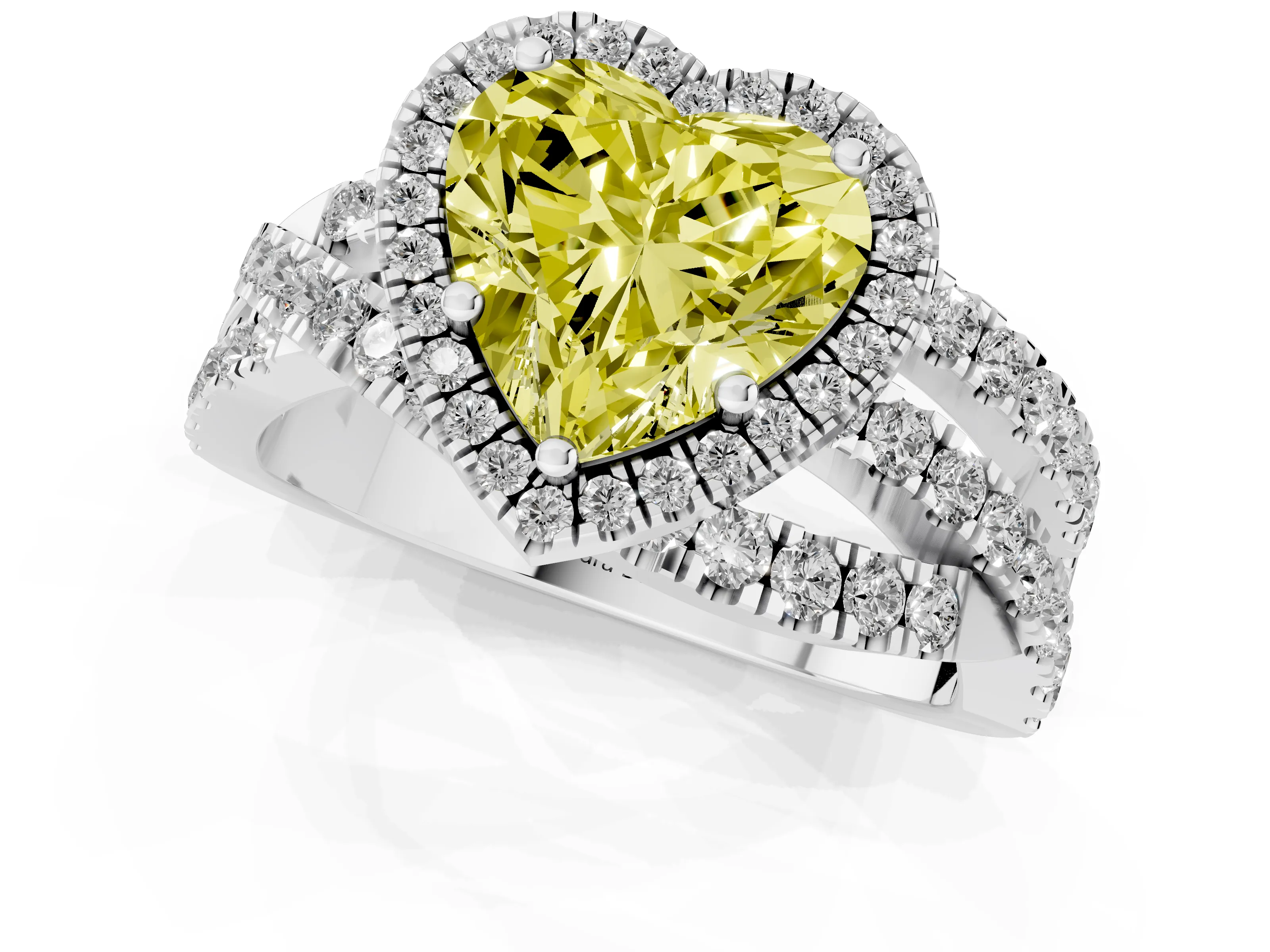 Fancy Yellow Heart Cut Diamond Halo Ring Set in White gold with Round Crossover Split Shank and Prong Setting