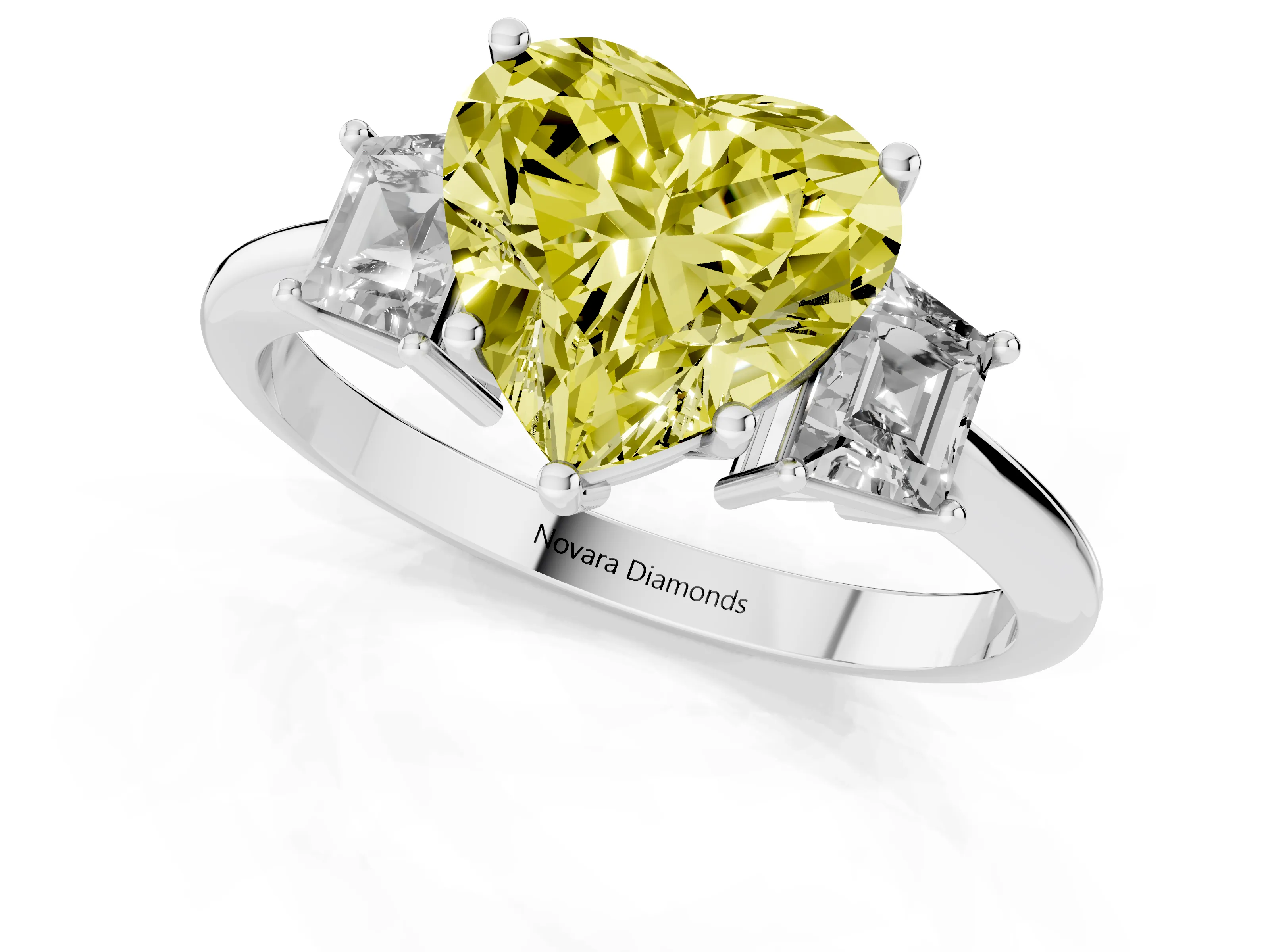 Fancy Yellow Heart Cut Diamond Three-Stone Ring Set in Silver with Trapezoid Side Stones and Prong Setting