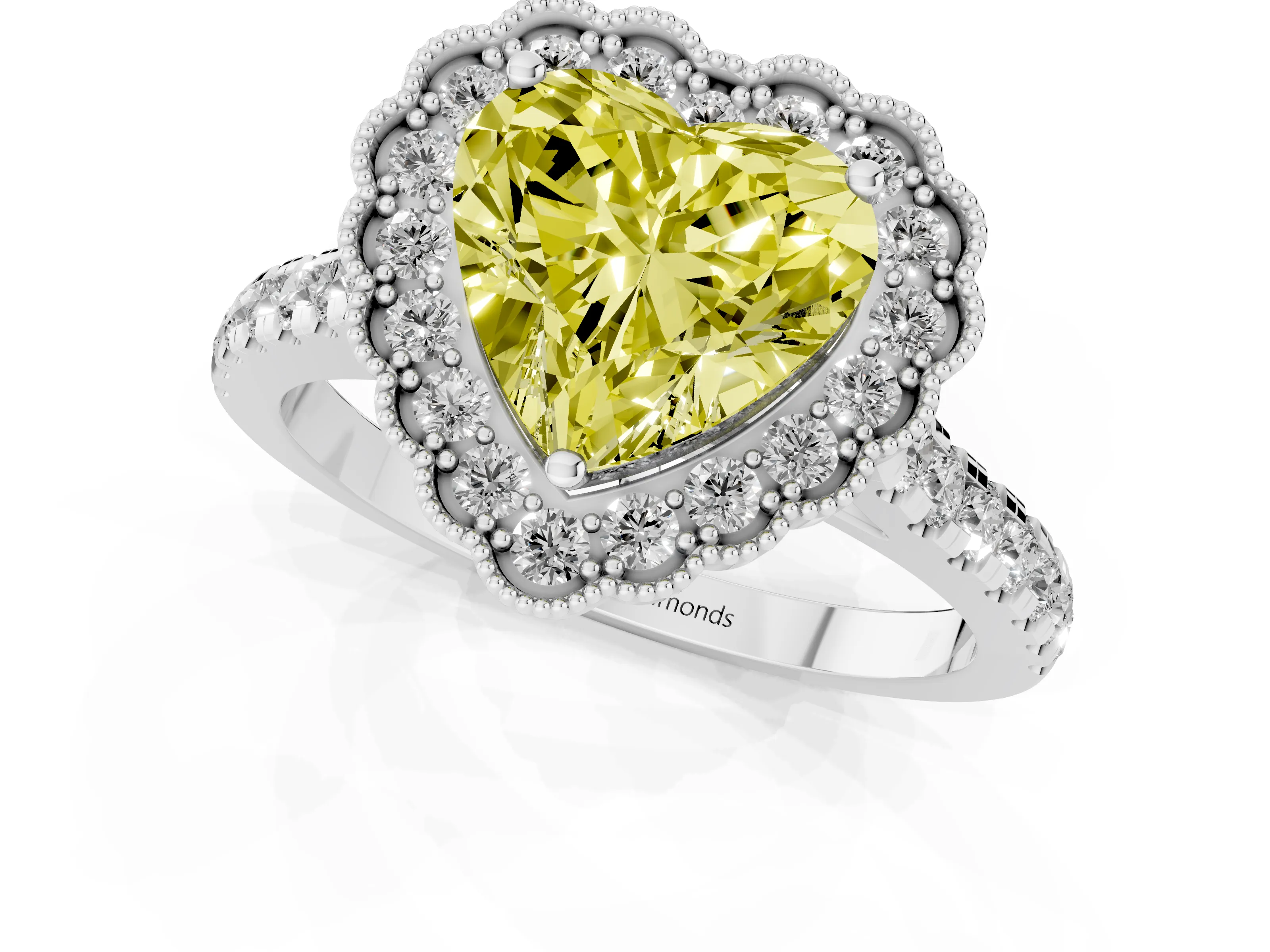 Fancy Yellow Heart Cut Diamond Milgrain Floral Halo Engagement Ring Set in White gold with Pavé Band