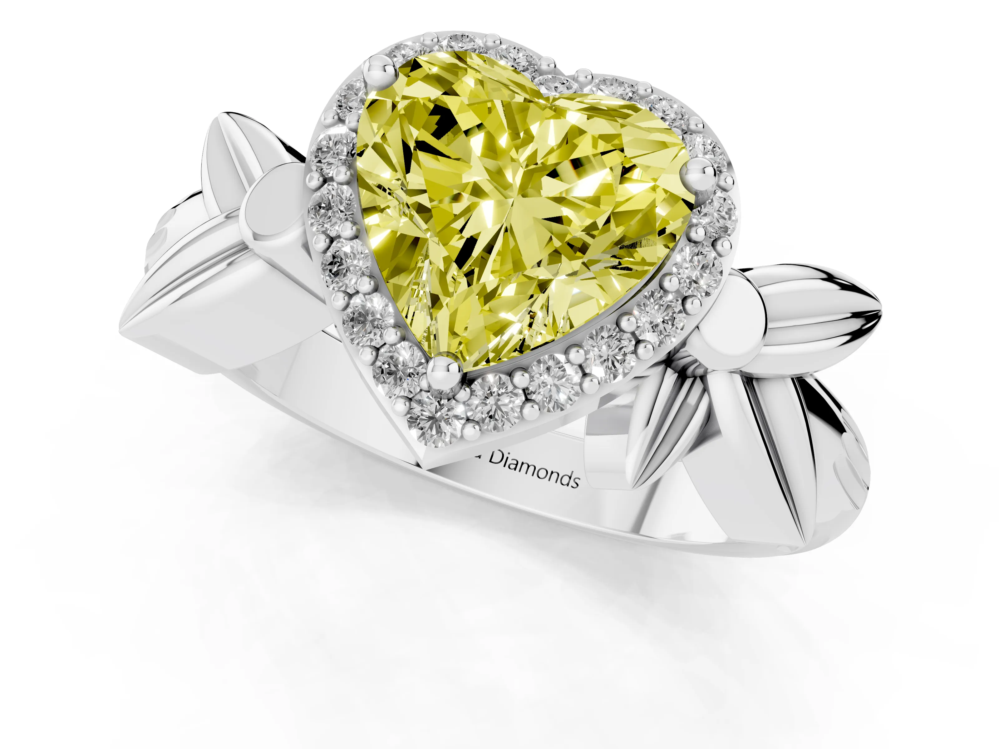 Fancy Yellow Heart Cut Diamond Halo Floral Band Ring Set in Silver with Prong Setting