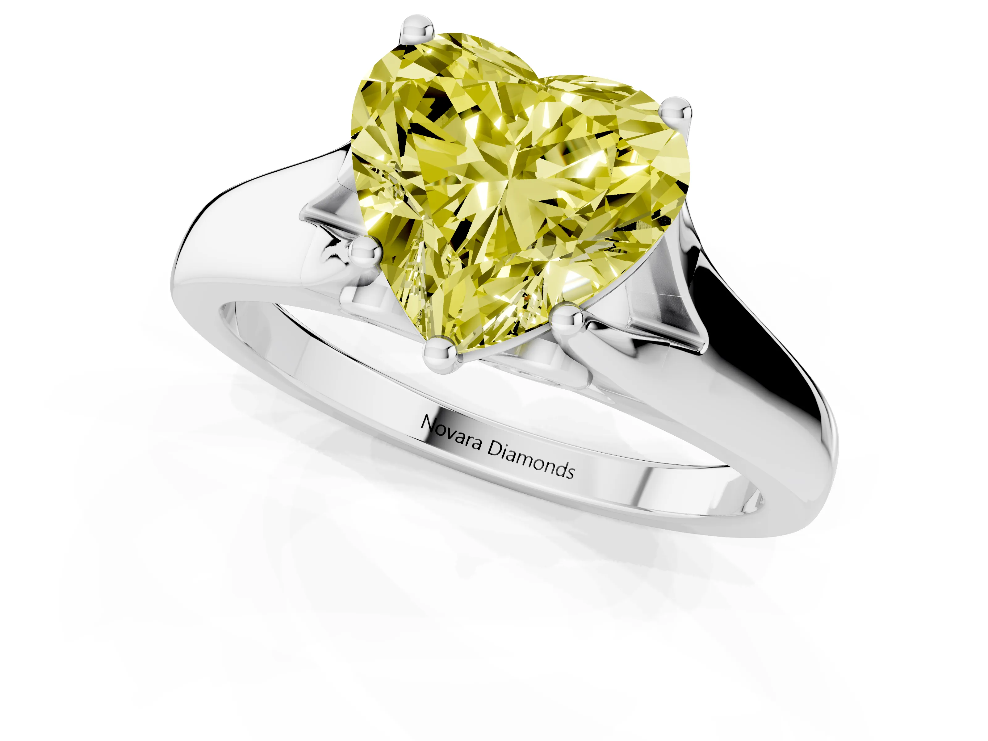 Fancy Yellow Heart Cut Diamond Solitaire Ring Set in White gold with Arched Cathedral Band and Prong Setting