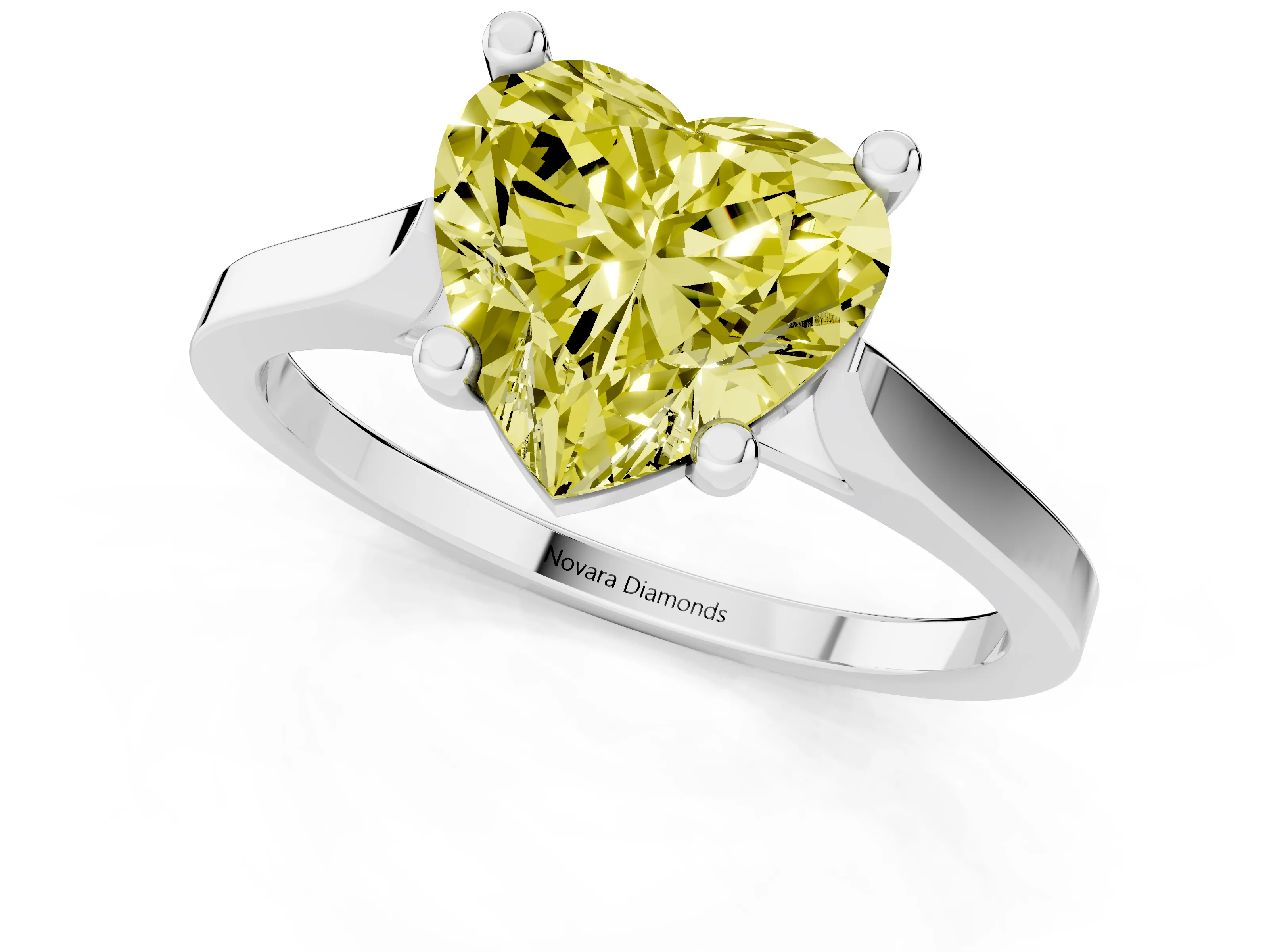 Fancy Yellow Heart Cut Diamond Solitaire Ring Set in Platinum with Prong Setting and Tapered Band