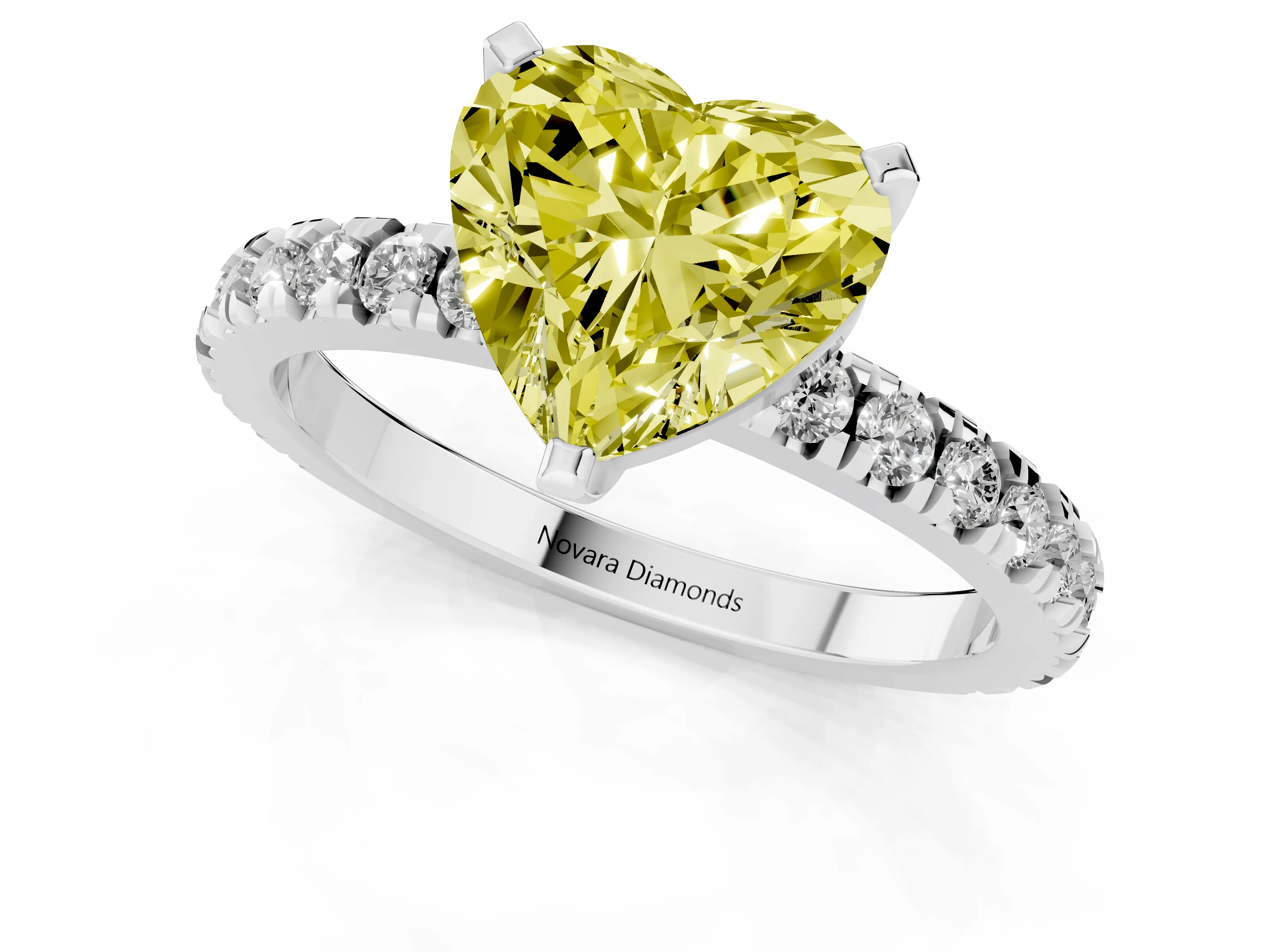 Fancy Yellow Heart Cut Diamond Pavé Band Solitaire Set in Silver with Prong Setting