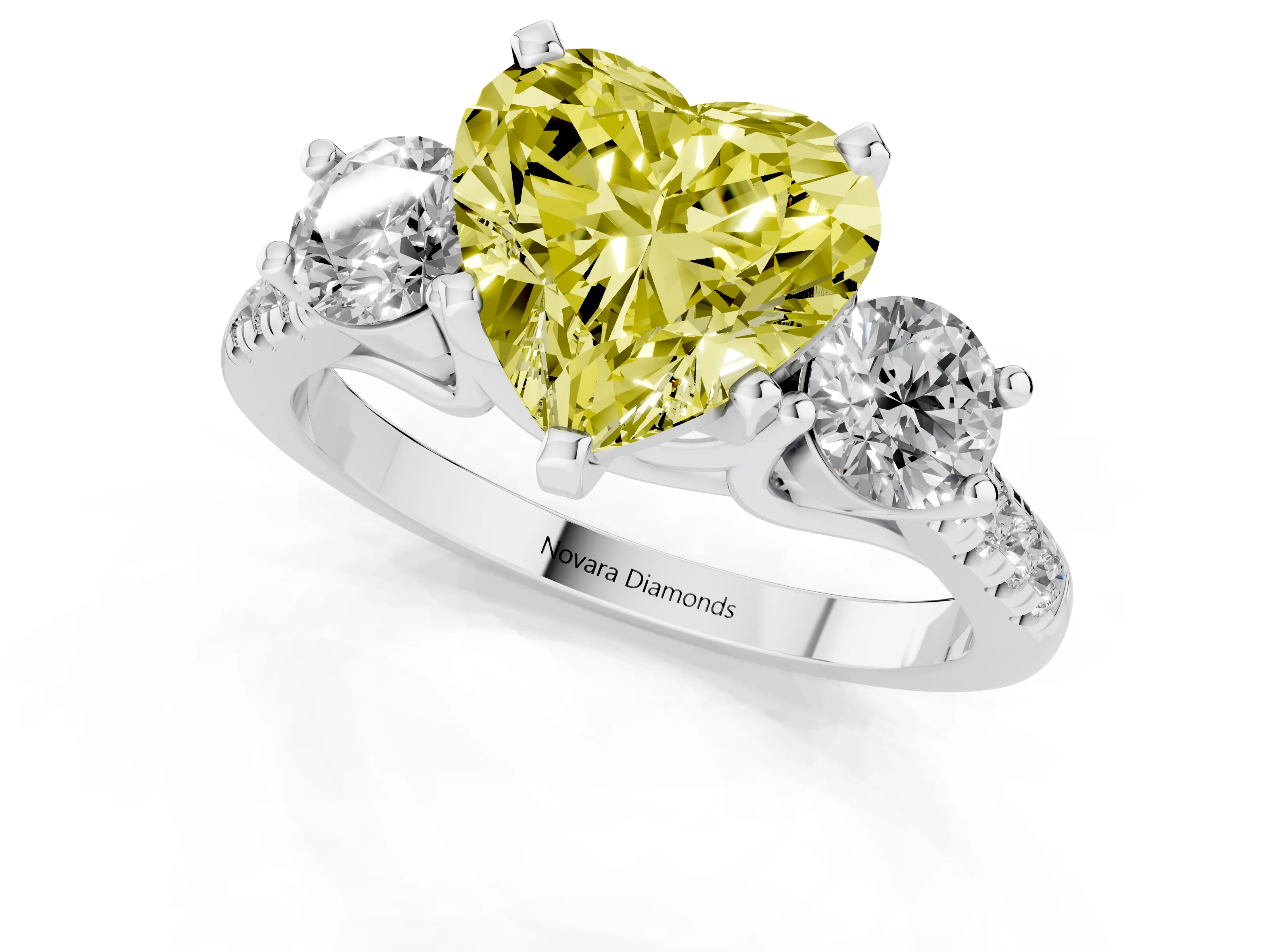 Fancy Yellow Three-Stone Heart Cut Diamond Pavé Band Ring Set in Silver with Prong-Set Trio