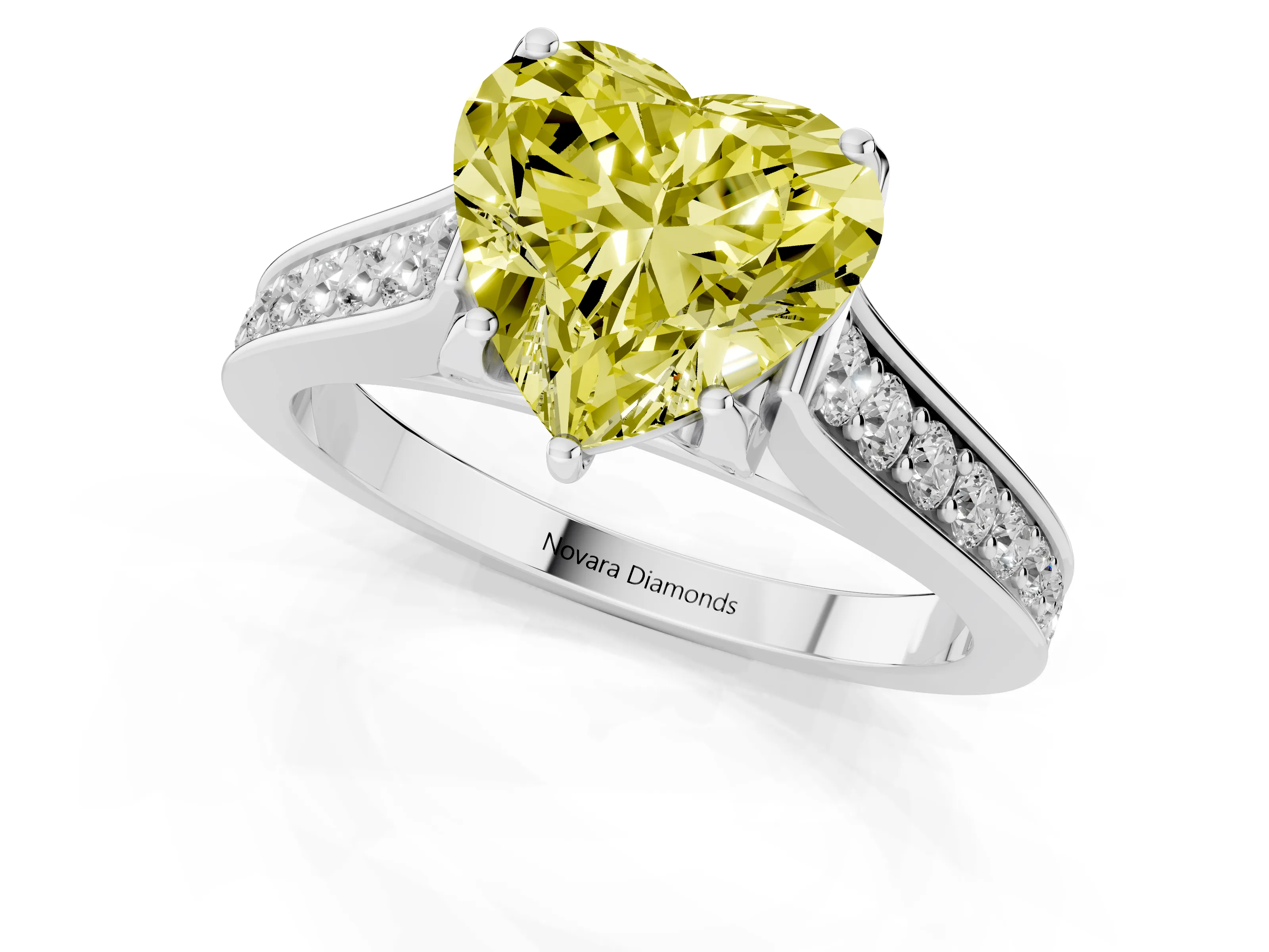 Fancy Yellow Heart Cut Diamond Solitaire Pavé Engagement Ring Set in Platinum with Prong Setting