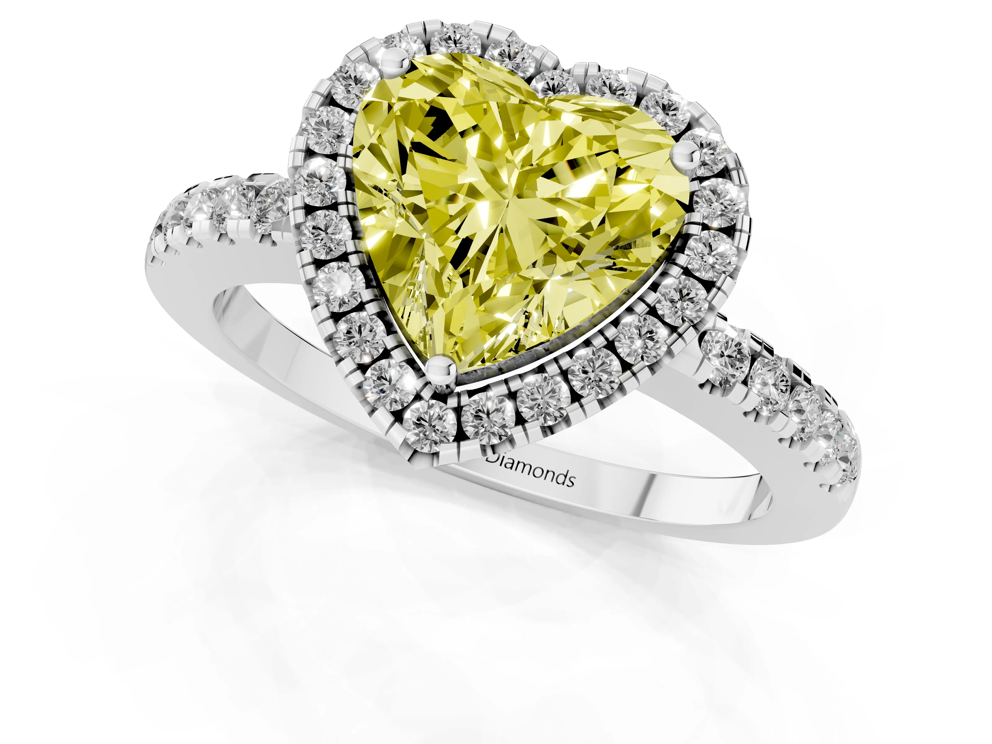 Fancy Yellow Heart Cut Diamond Pavé Band Halo Engagement Ring Set in White gold with Prong Setting