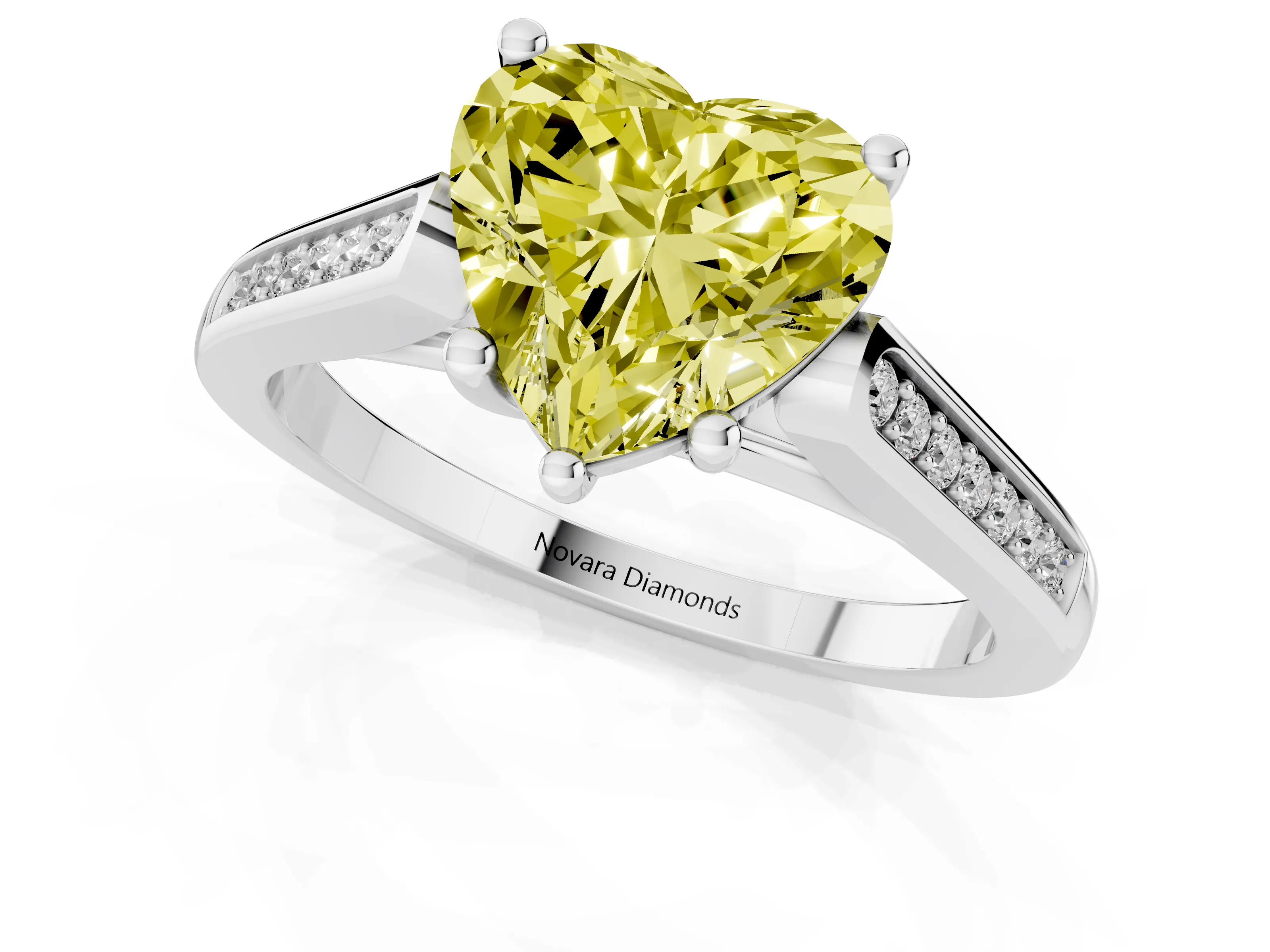 Fancy Yellow Heart Cut Diamond Solitaire Cathedral Engagement Ring Set in White gold with Channel-Set Band and Prong Setting