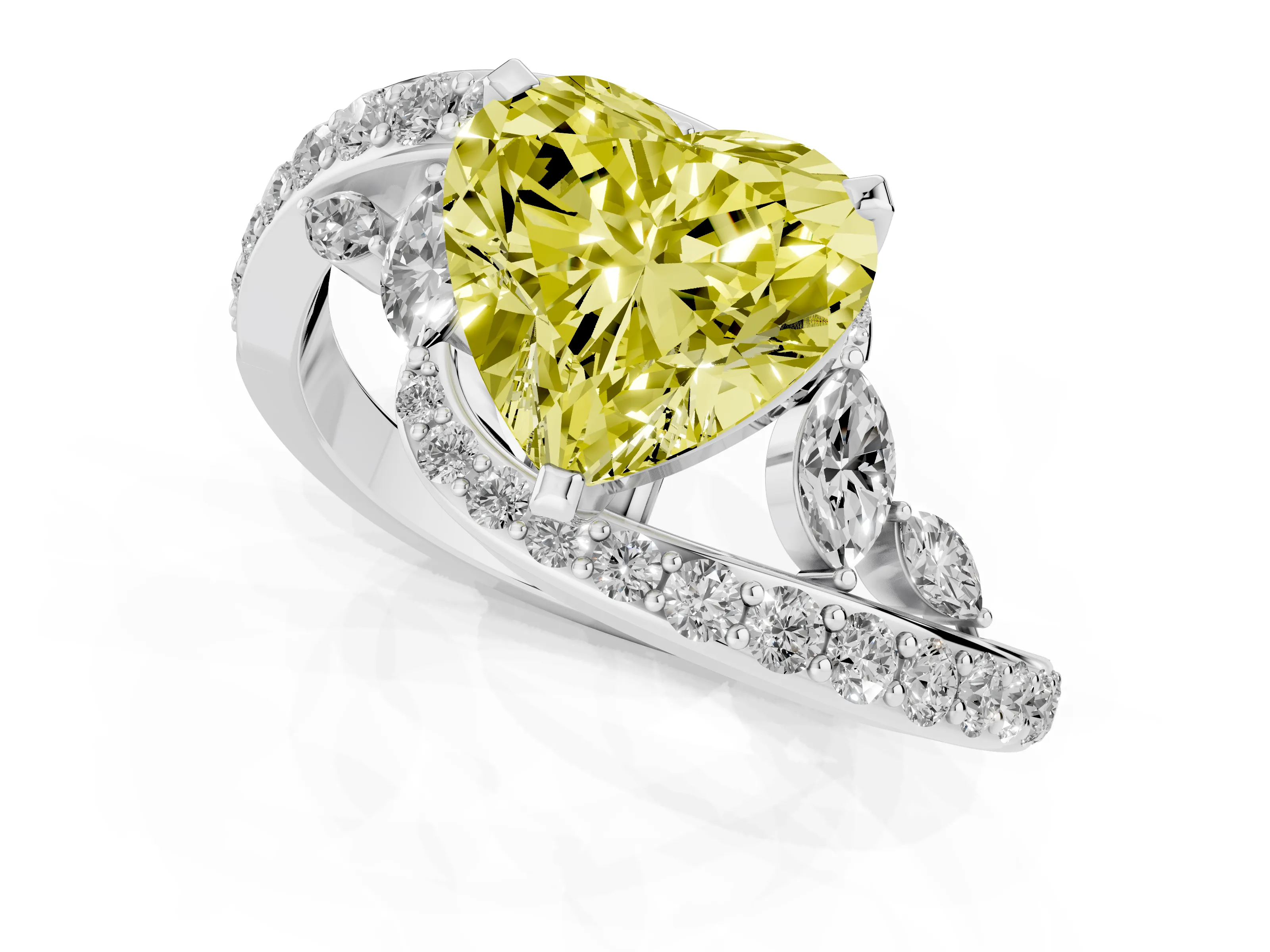 Fancy Yellow Heart Cut Diamond Solitaire Ring Set in Platinum with Pavé Twist Band and Secure Prong Setting