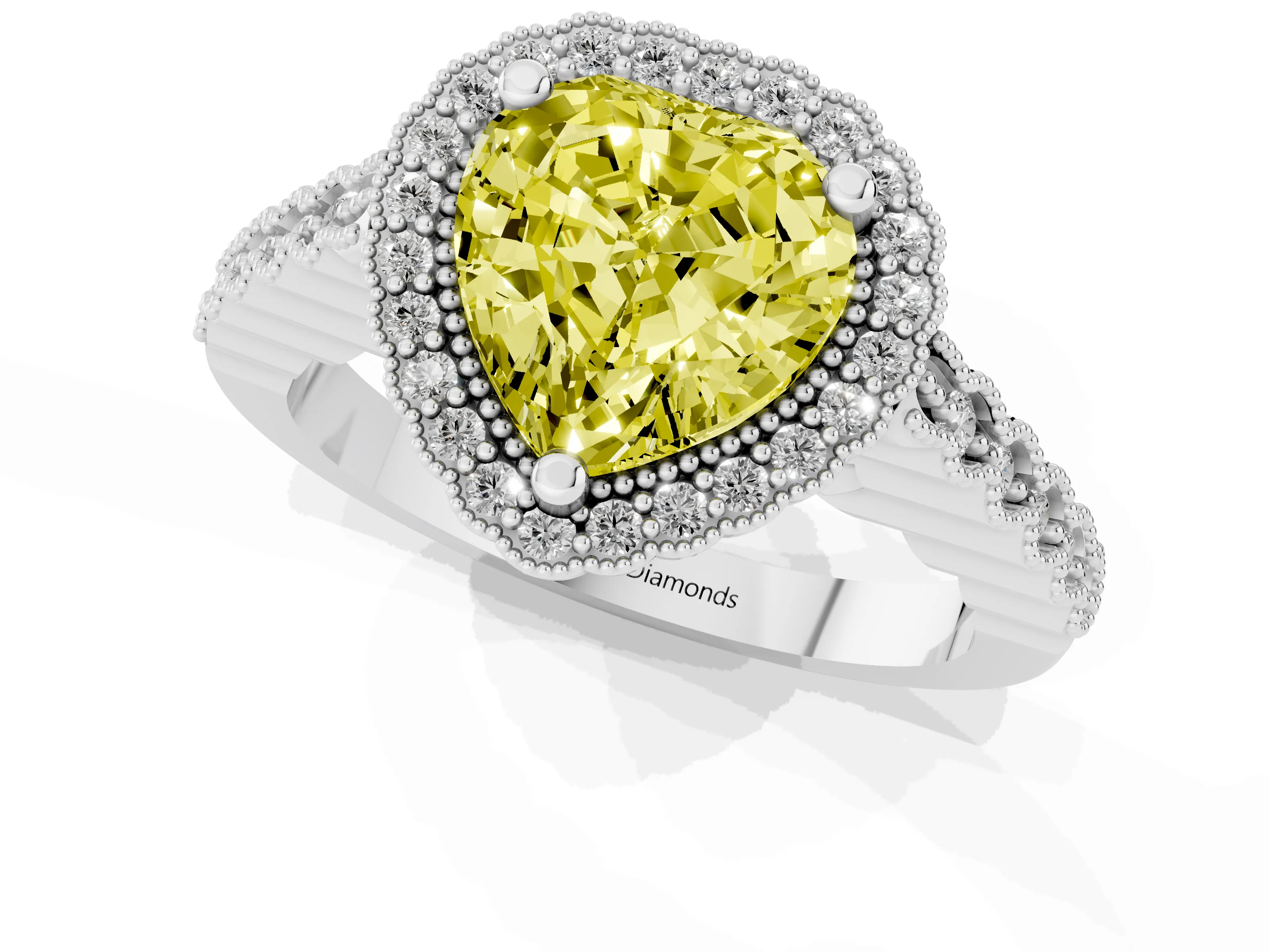 Fancy Yellow Heart Cut Diamond Halo Ring Set in Platinum with Pavé Milgrain Band