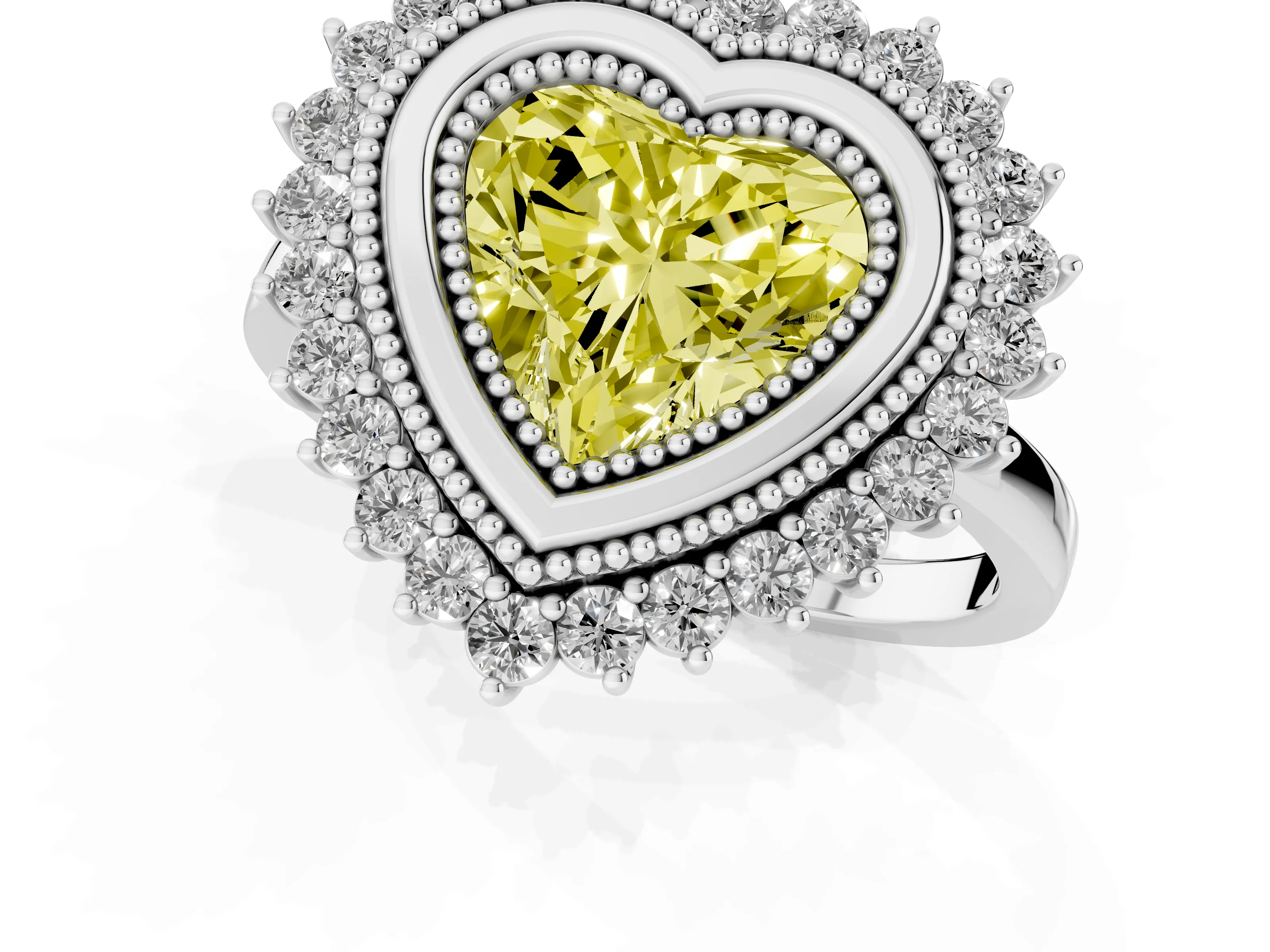 Fancy Yellow Heart Cut Diamond Halo Ring Set in White gold with Milgrain Edge and Round Prong Setting