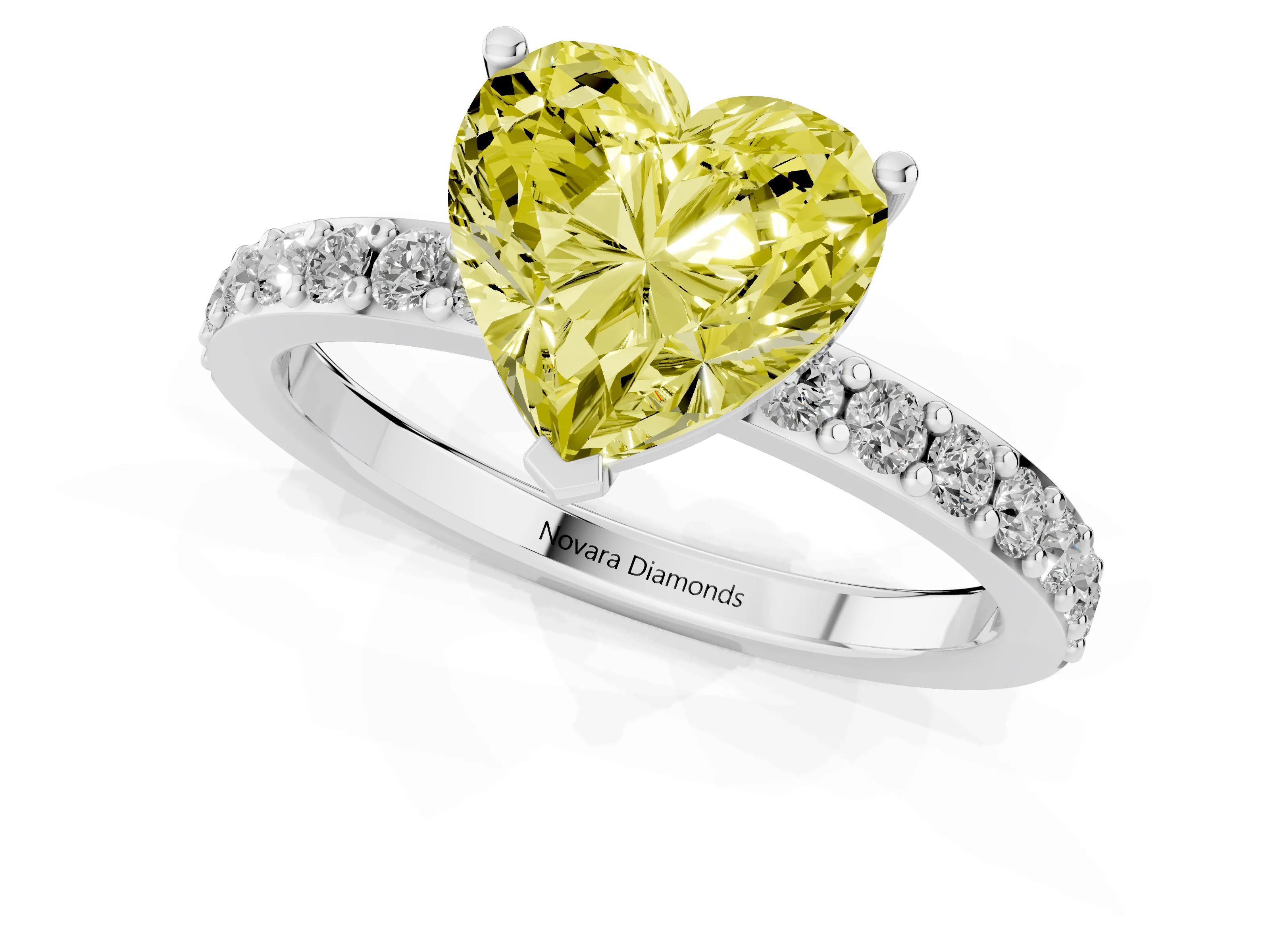 Fancy Yellow Heart Cut Diamond Solitaire Set in White gold with Round Pavé Band and Prong Setting