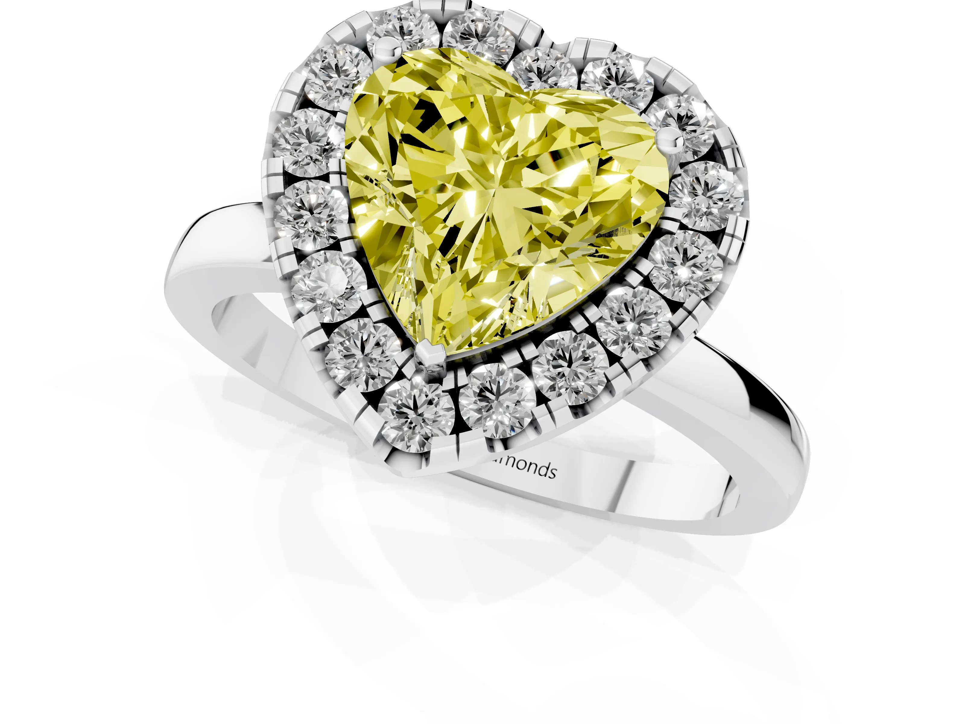 Fancy Yellow Heart Cut Diamond Halo Solitaire Ring Set in White gold with Pavé Band and Prong Setting