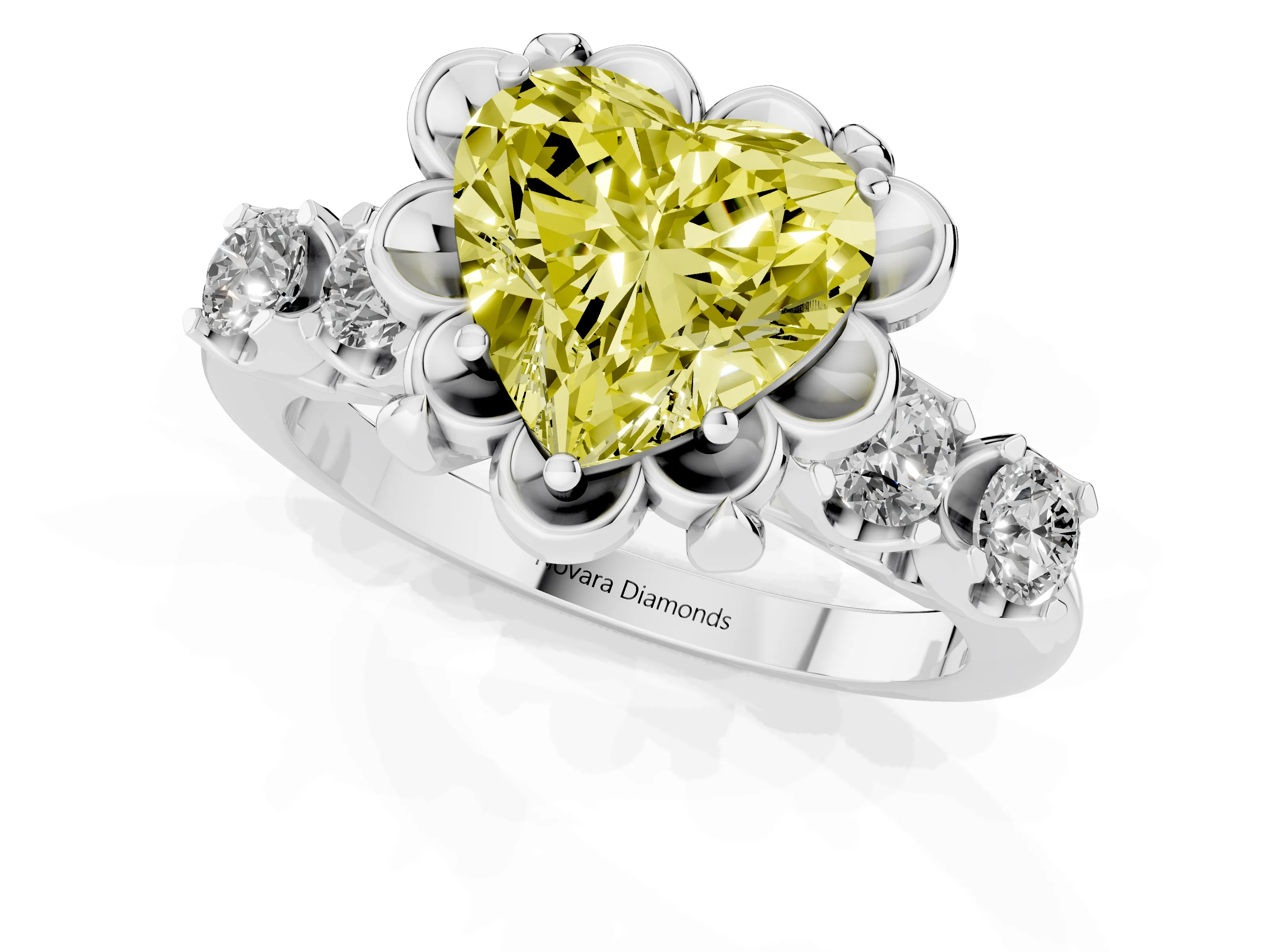 Fancy Yellow Heart Cut Diamond Floral Halo Ring Set in Platinum with Shared Prong Band