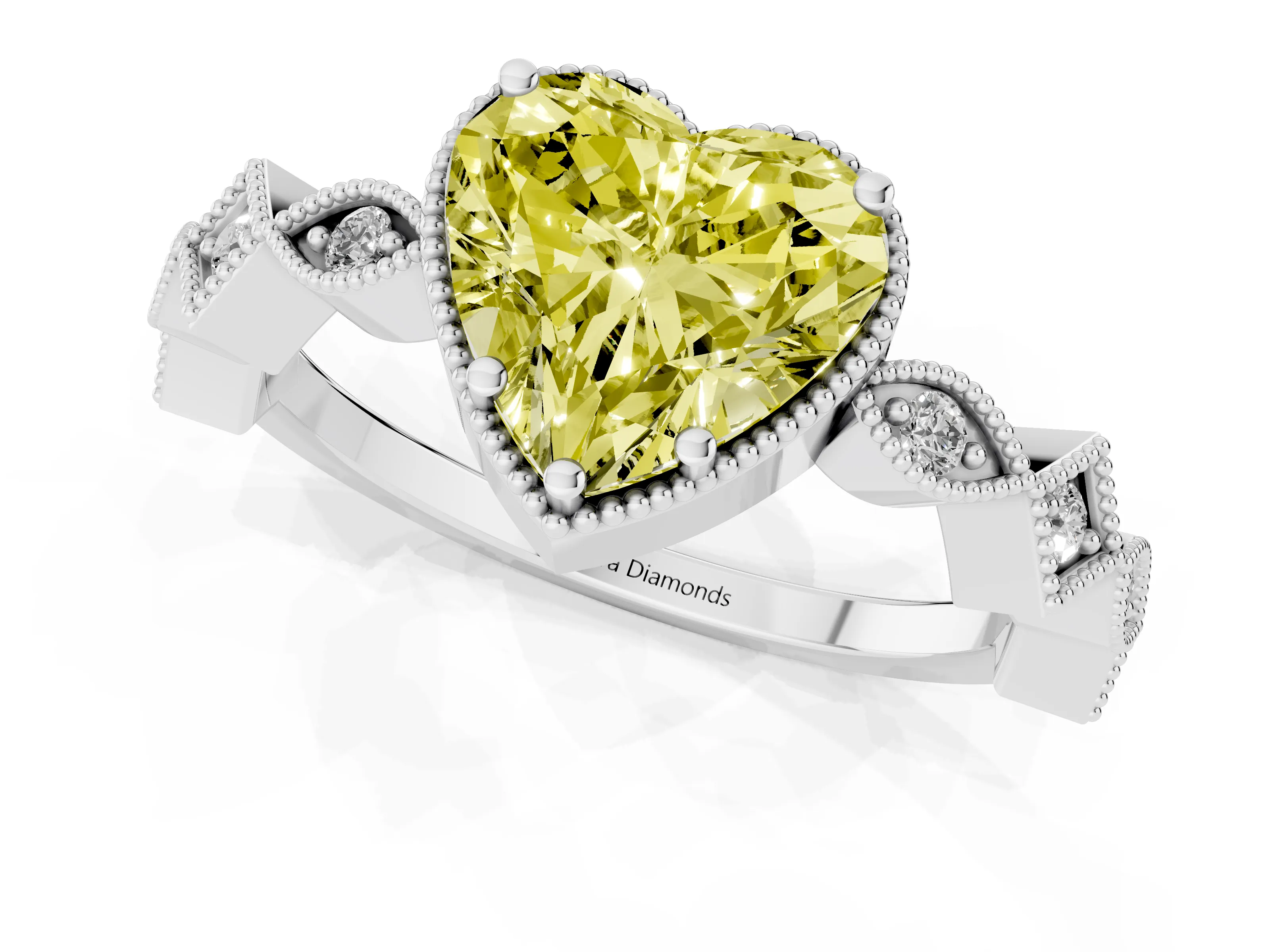 Fancy Yellow Heart Cut Diamond Milgrain Marquise Twist Band Ring Set in Silver with Prong Setting