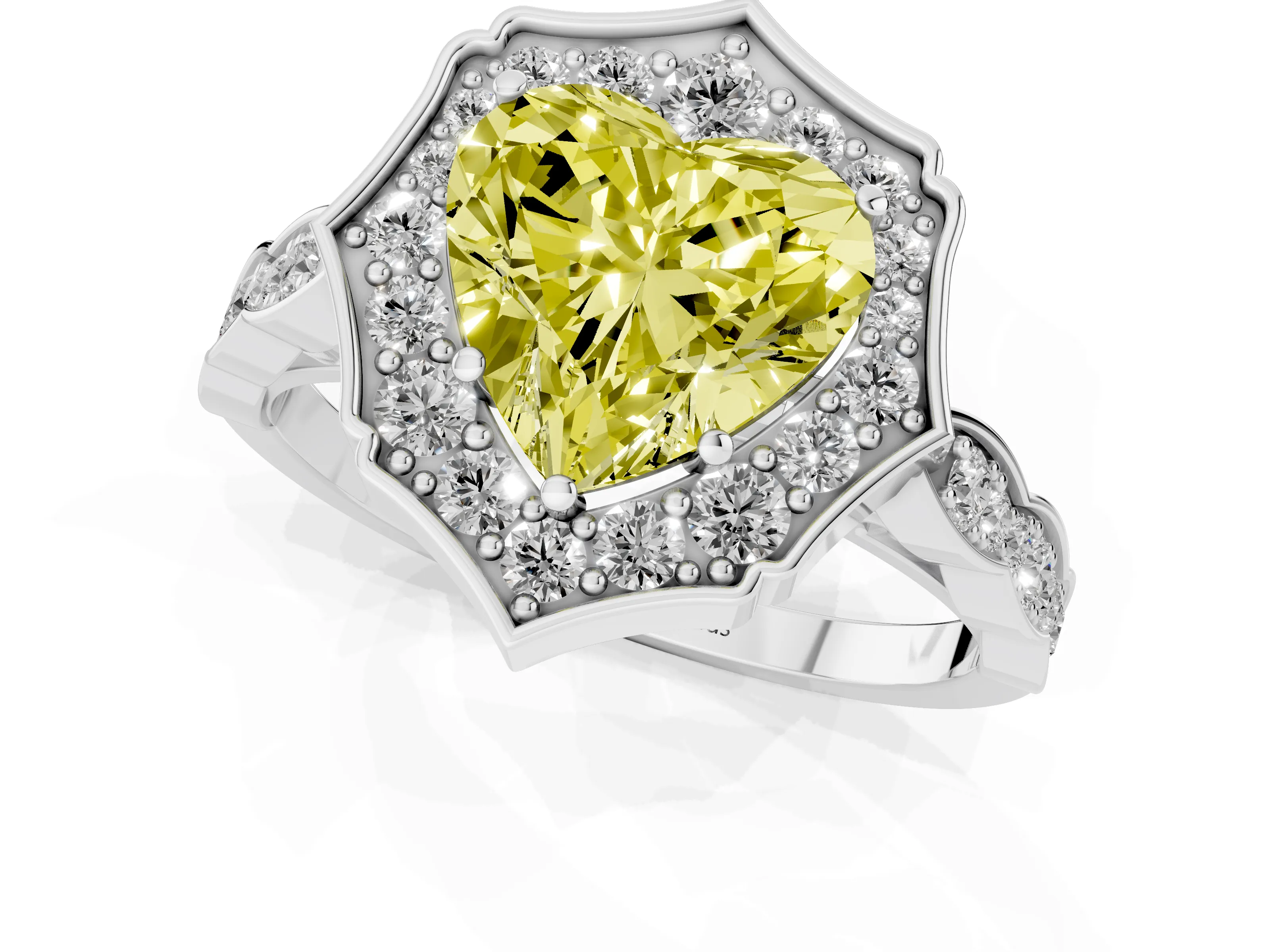 Fancy Yellow Heart Cut Diamond Halo Engagement Ring Set in White gold with Milgrain Band and Prong Setting