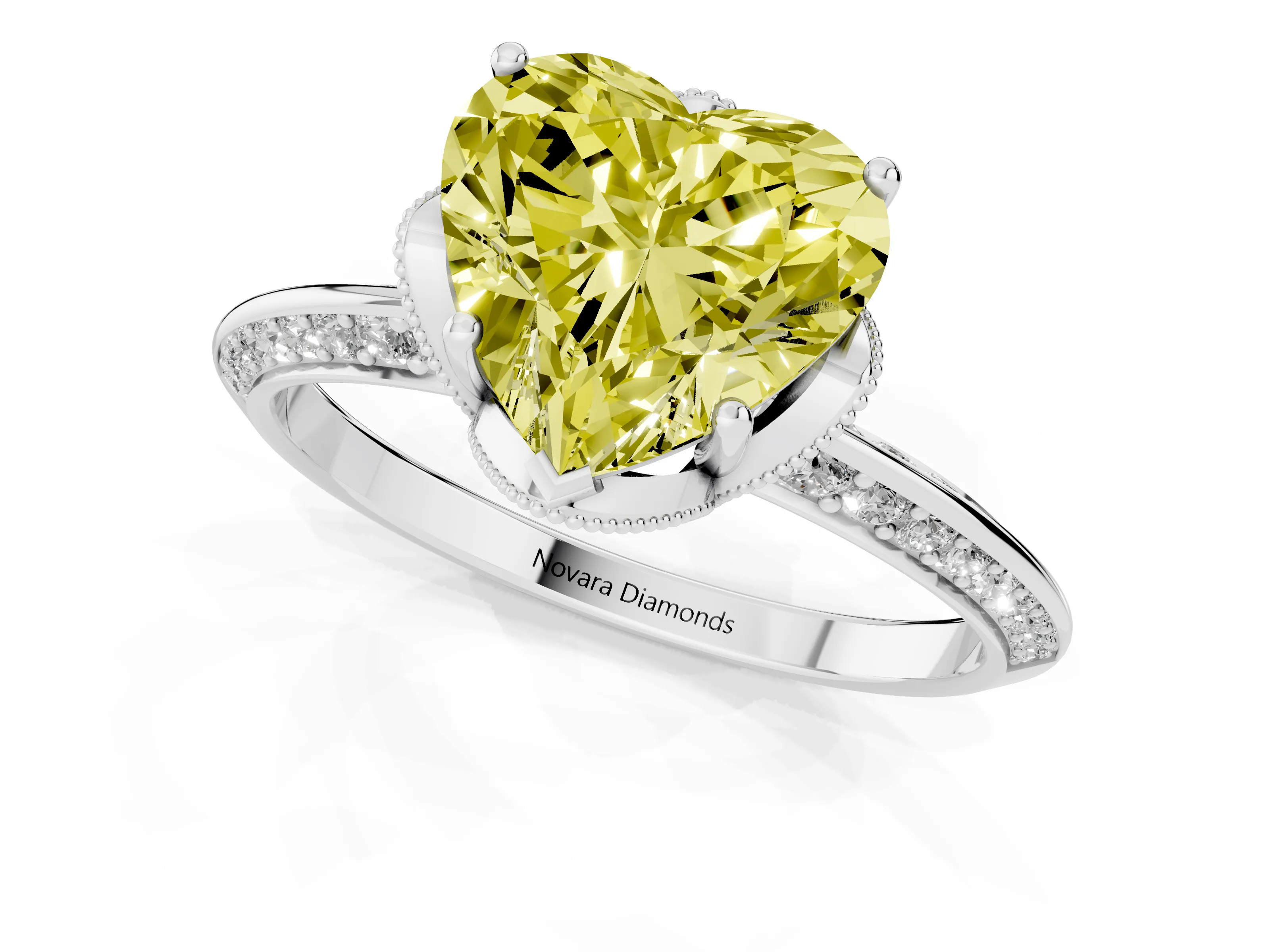 Fancy Yellow Heart Cut Diamond Solitaire Engagement Ring Set in White gold with Pavé Split Shank and Prong Setting