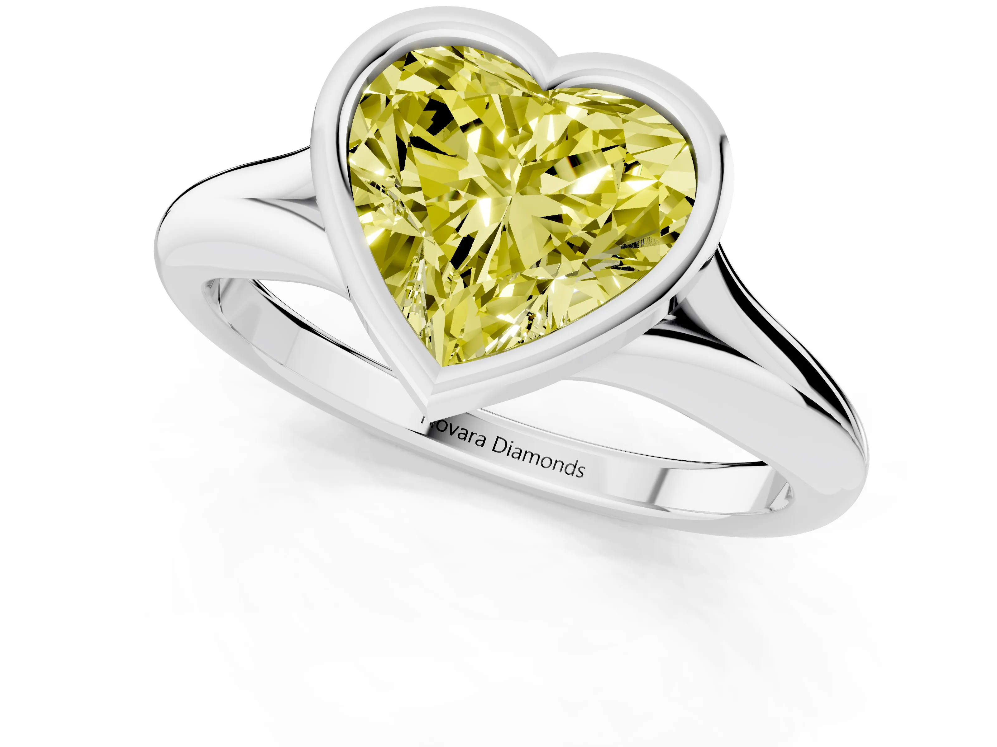 Fancy Yellow Bezel Set Heart Cut Diamond Solitaire Ring Set in White gold with Smooth Band