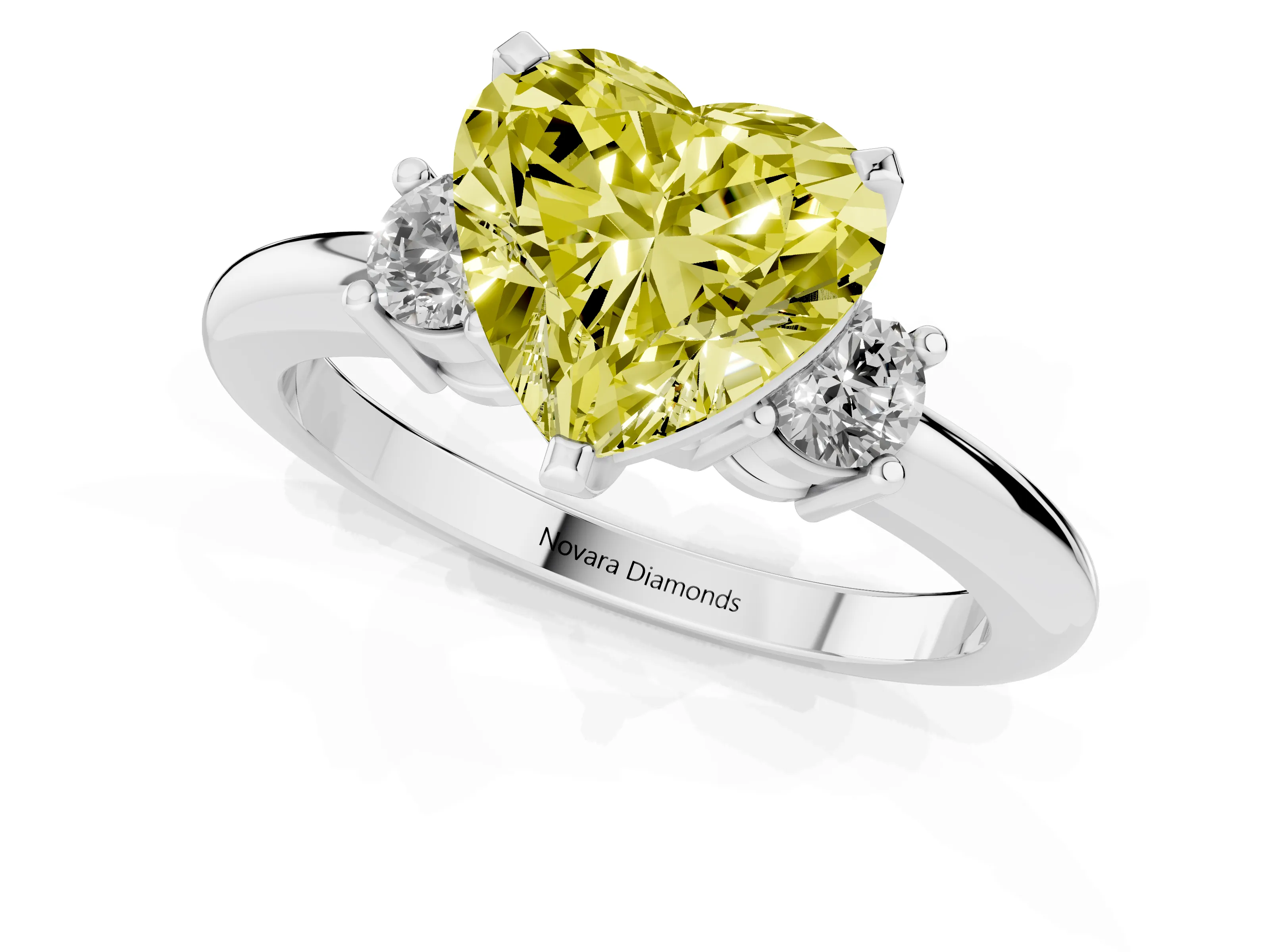 Fancy Yellow Three-Stone Heart Cut Diamond Ring Set in Silver with Prong Setting and Plain Band