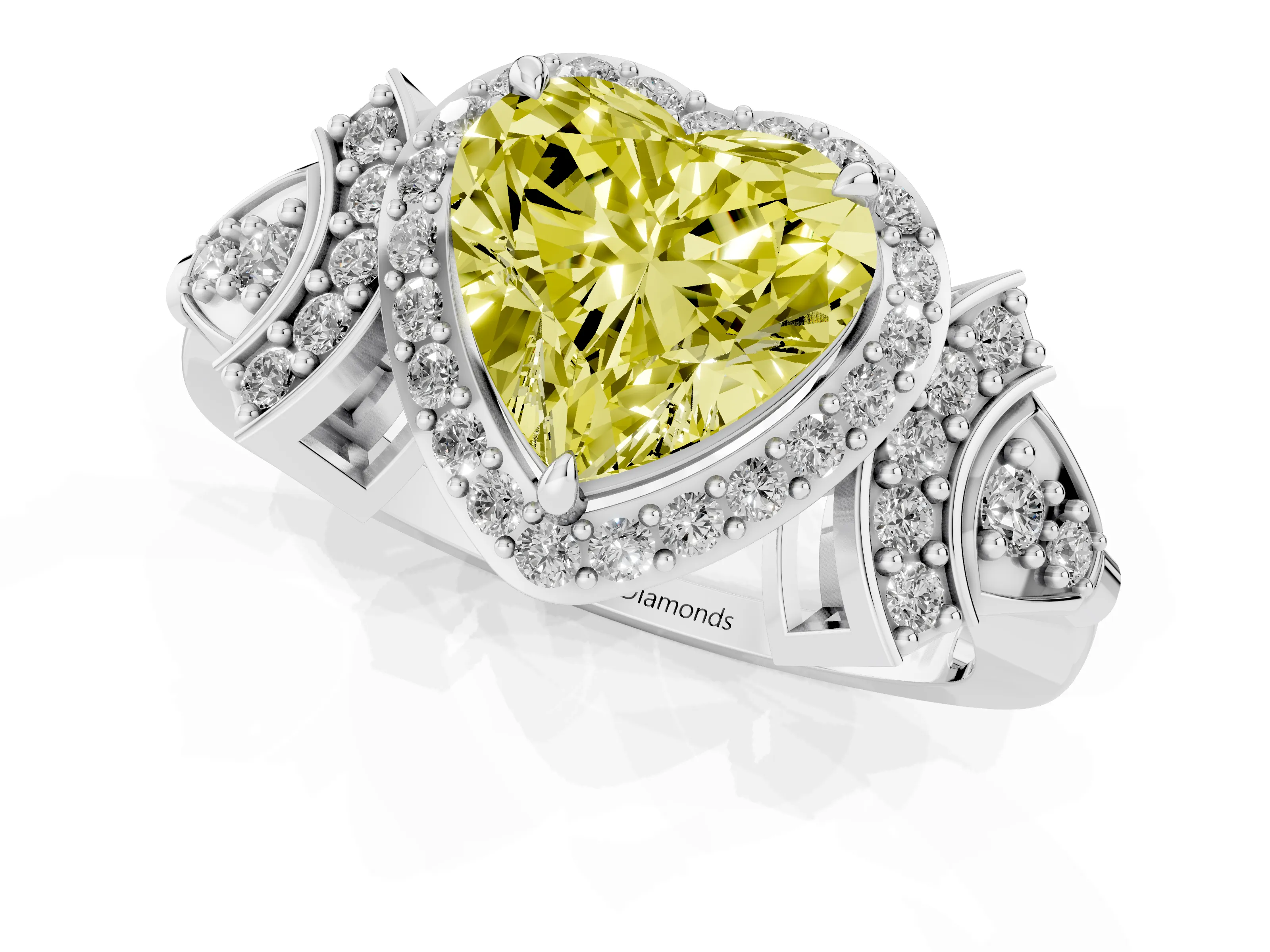Fancy Yellow Heart Cut Diamond Halo Engagement Ring Set in White gold with Accent Stone Split Shank