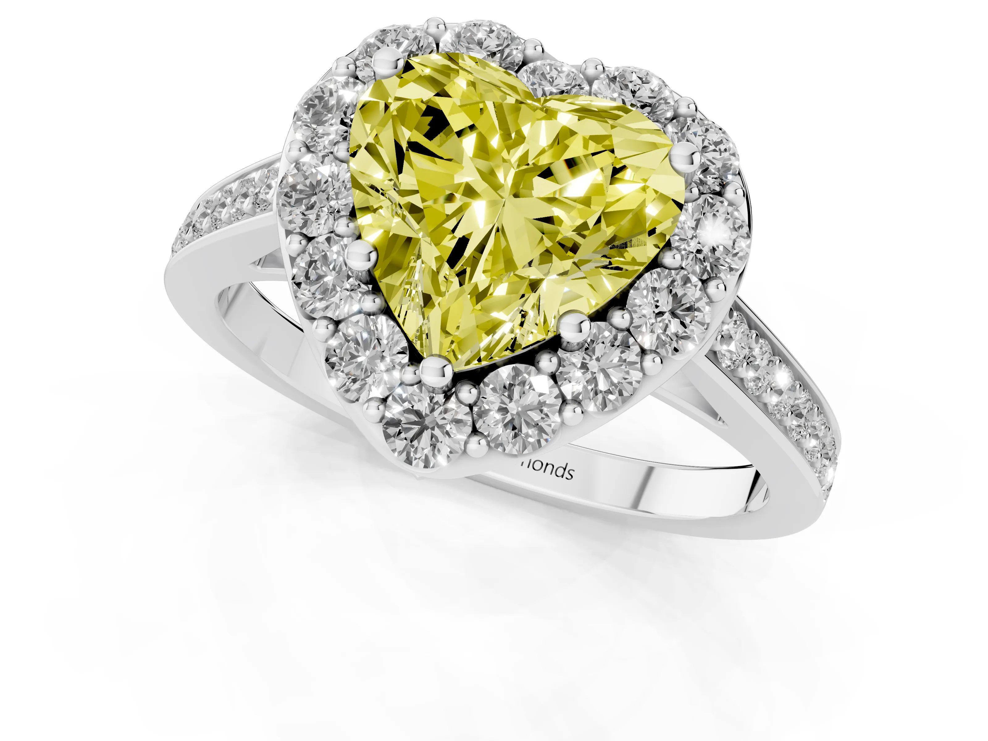 Fancy Yellow Heart Cut Diamond Floral Halo Ring Set in White gold with Pavé Band and Prong Setting