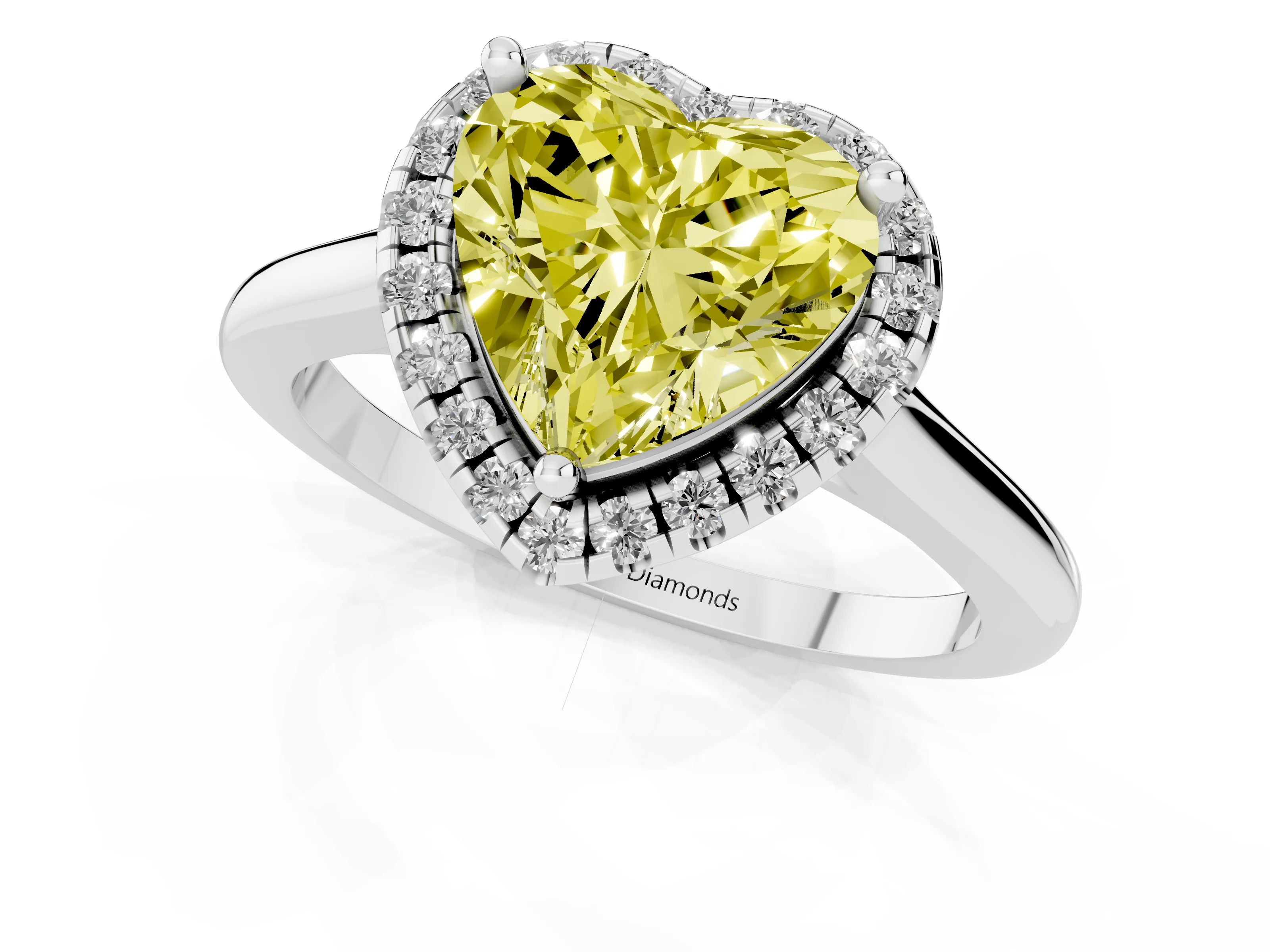 Fancy Yellow Heart Cut Diamond Halo Engagement Ring Set in White gold with Pavé Band and Rising Shoulders