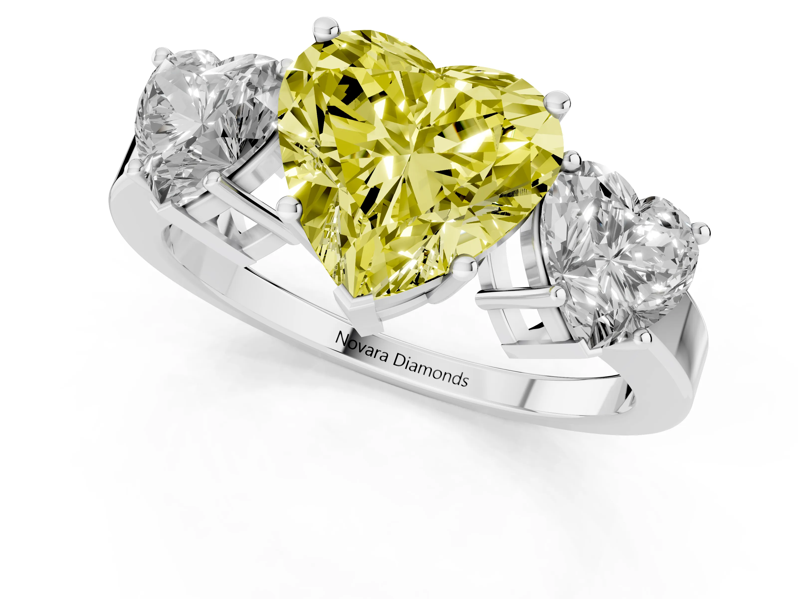 Fancy Yellow Heart Cut Diamond Three-Stone Engagement Ring Set in Silver with Flat Band