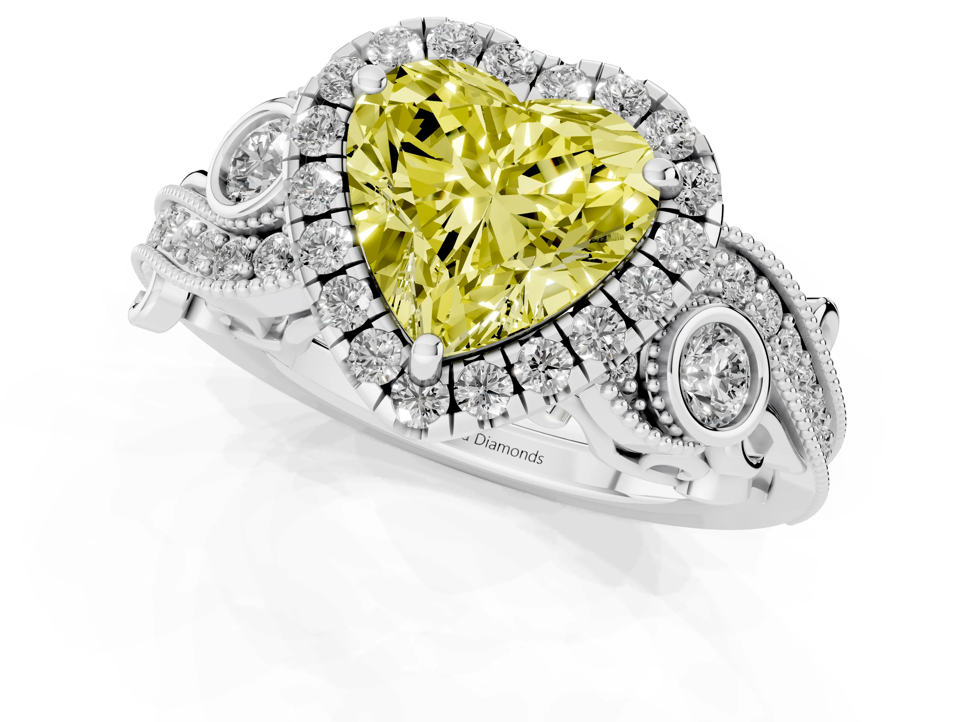 Fancy Yellow Heart Cut Diamond Halo Ring Set in Silver with Milgrain Pavé Band and Prong Setting