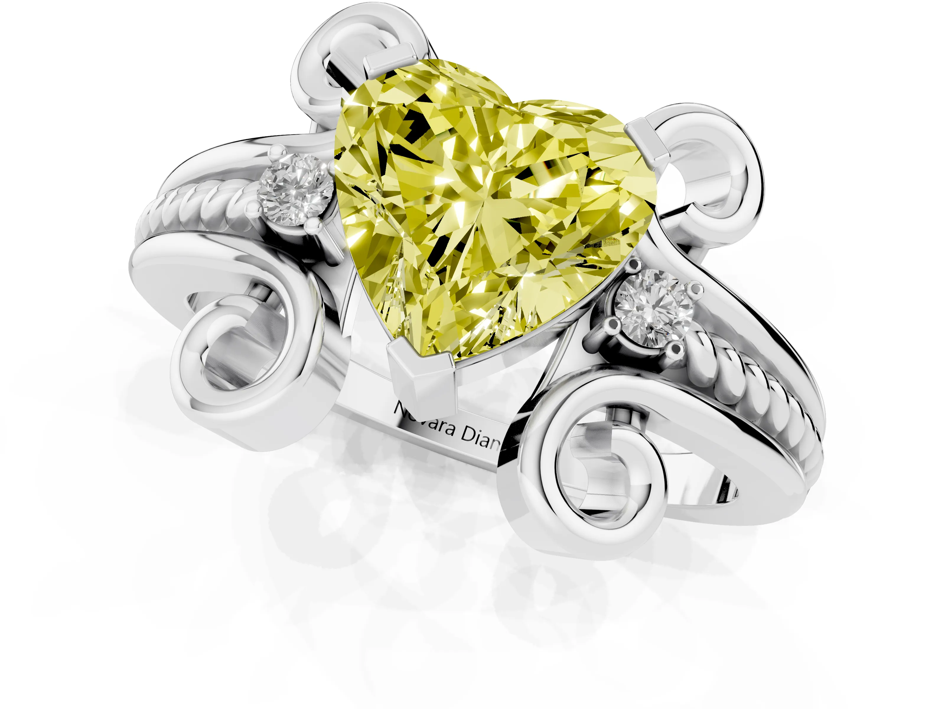 Fancy Yellow Heart Cut Diamond Twisted Band Solitaire Ring Set in Platinum with Scroll Prongs