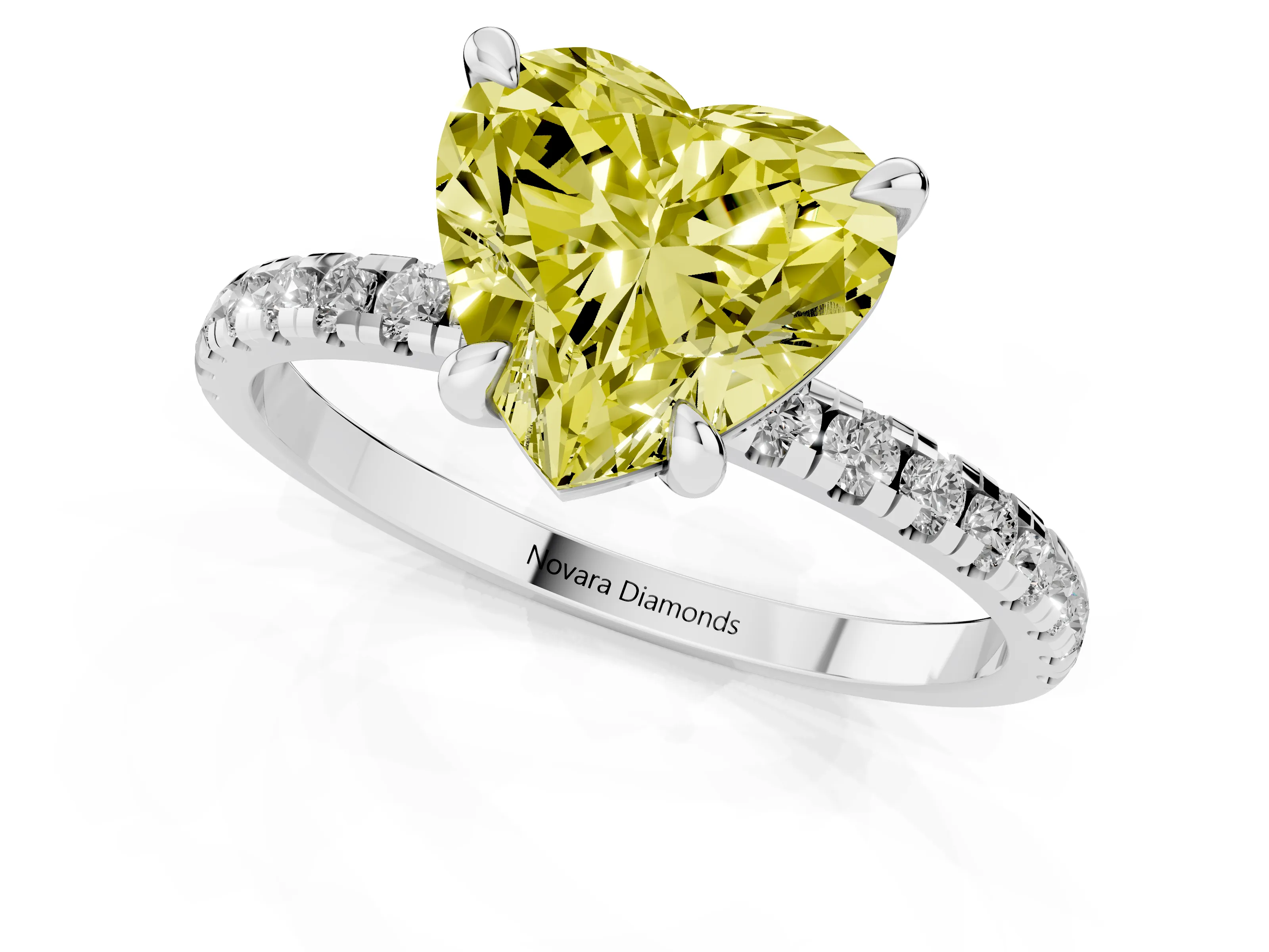 Fancy Yellow Heart Cut Diamond Brilliant Solitaire Ring Set in Platinum with Pavé Band and Prong Setting