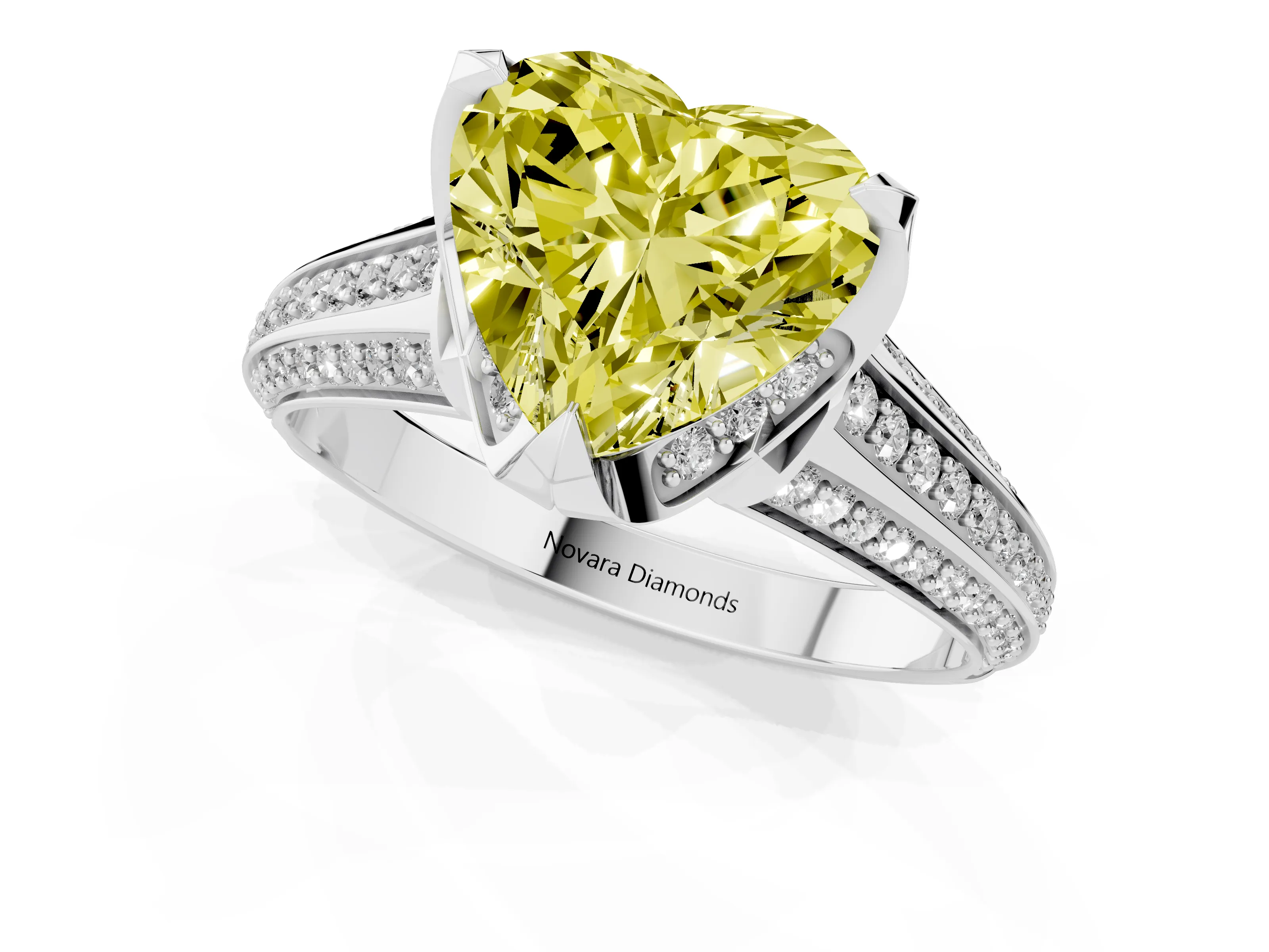 Fancy Yellow Heart Cut Diamond Pavé Split Shank Solitaire Ring Set in Silver with Prong Setting