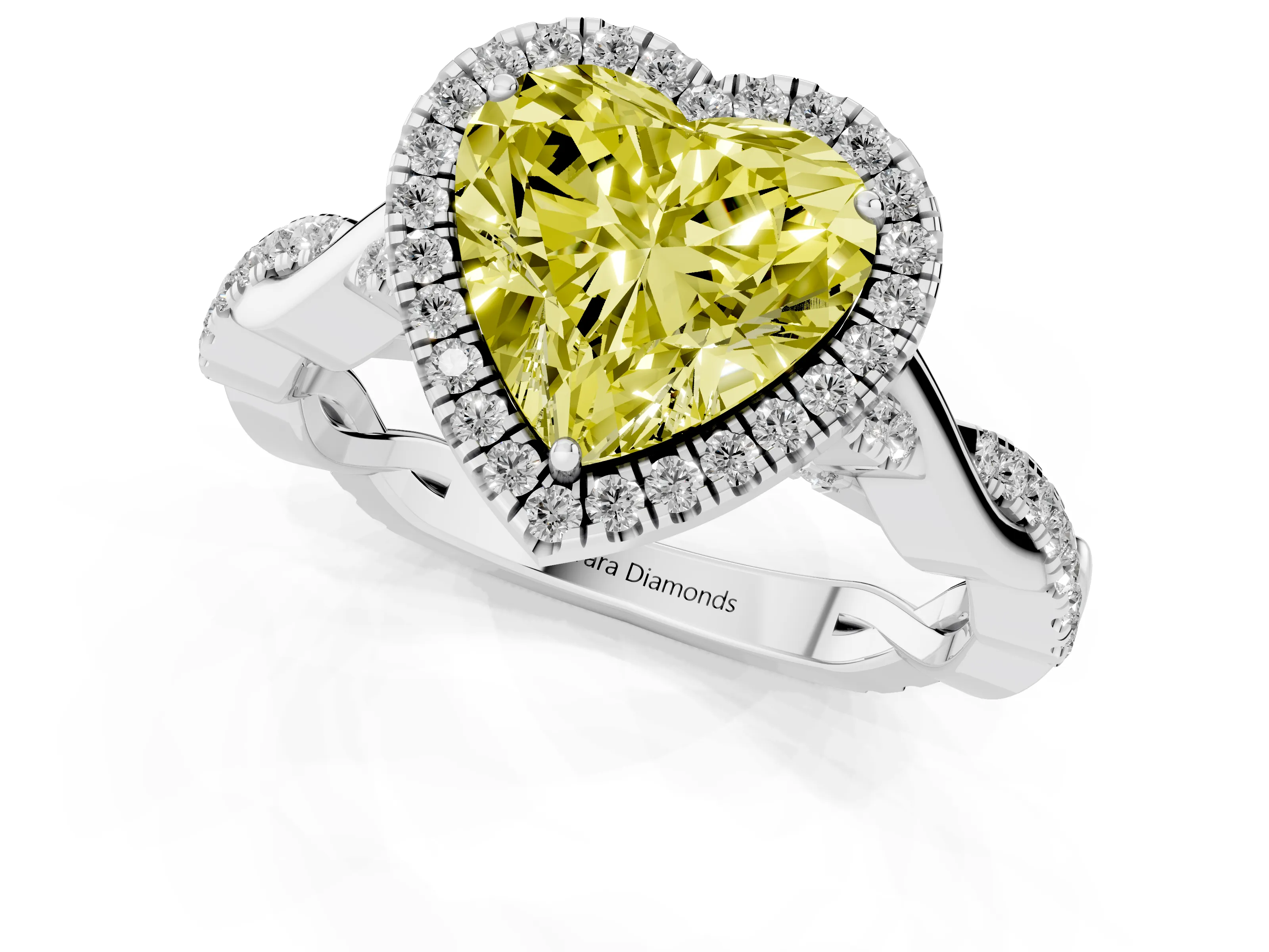Fancy Yellow Heart Cut Diamond Halo Twist Band Solitaire Ring Set in White gold with Prong Setting