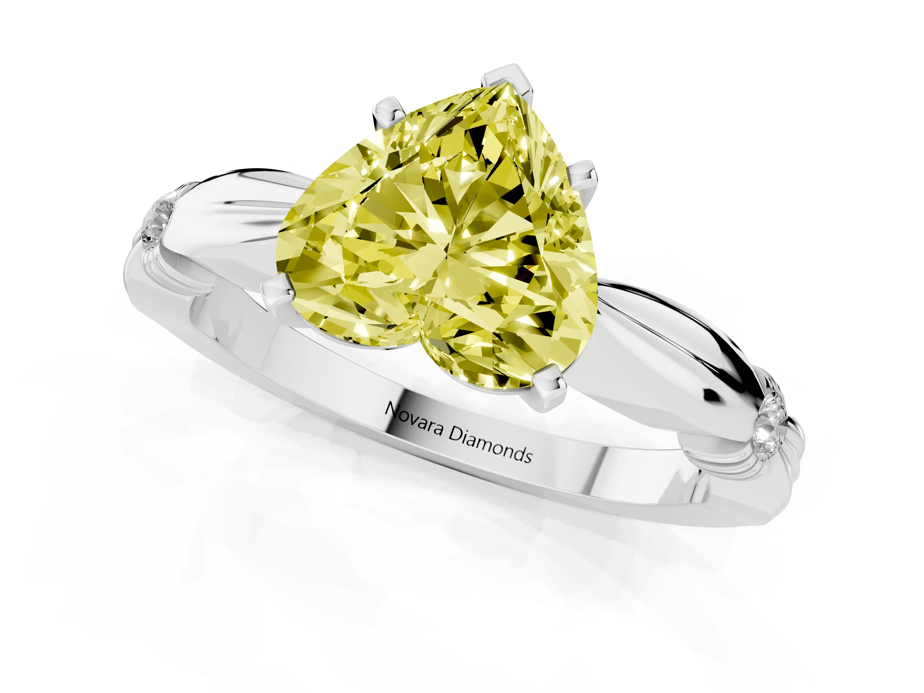 Fancy Yellow Heart Cut Diamond Solitaire Twisted Band Ring Set in Platinum with Accent Stones and Prong Setting – second view