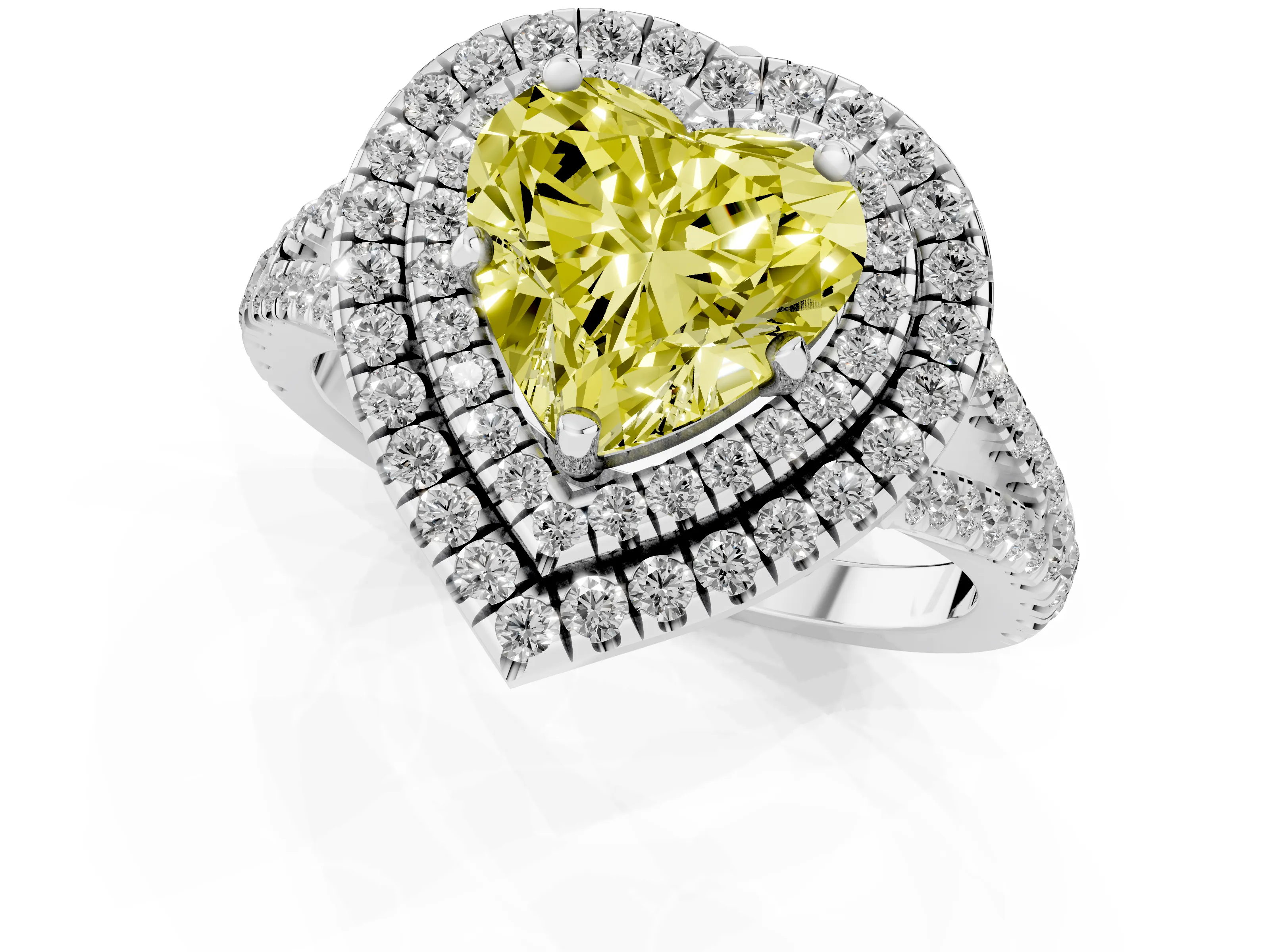Fancy Yellow Heart Cut Diamond Double Halo Ring Set in White gold with Pavé Band – second view