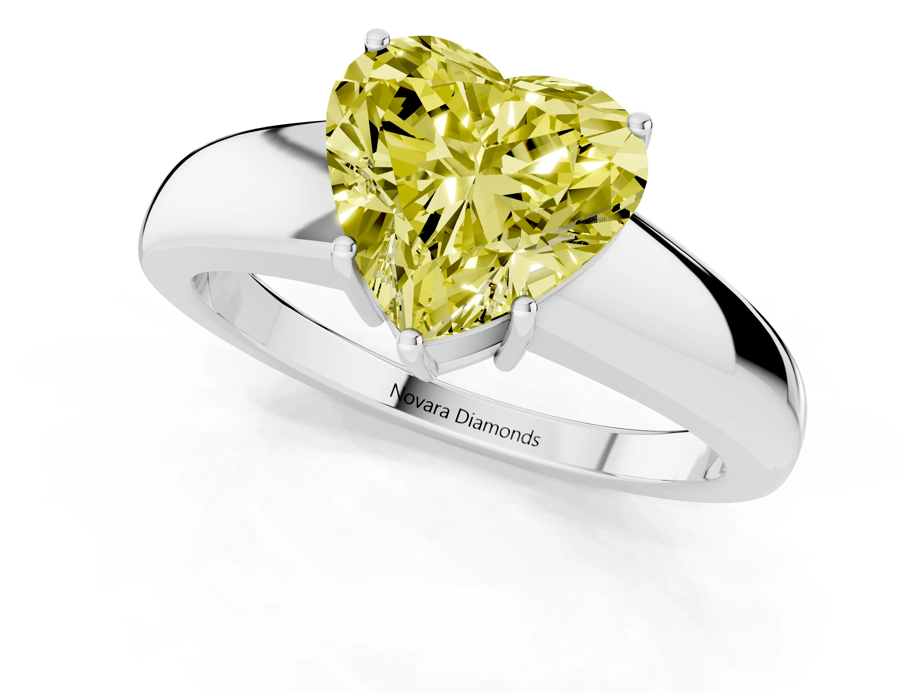 Fancy Yellow Heart Cut Diamond Solitaire Ring Set in Platinum with Tapered Band and Prong Setting