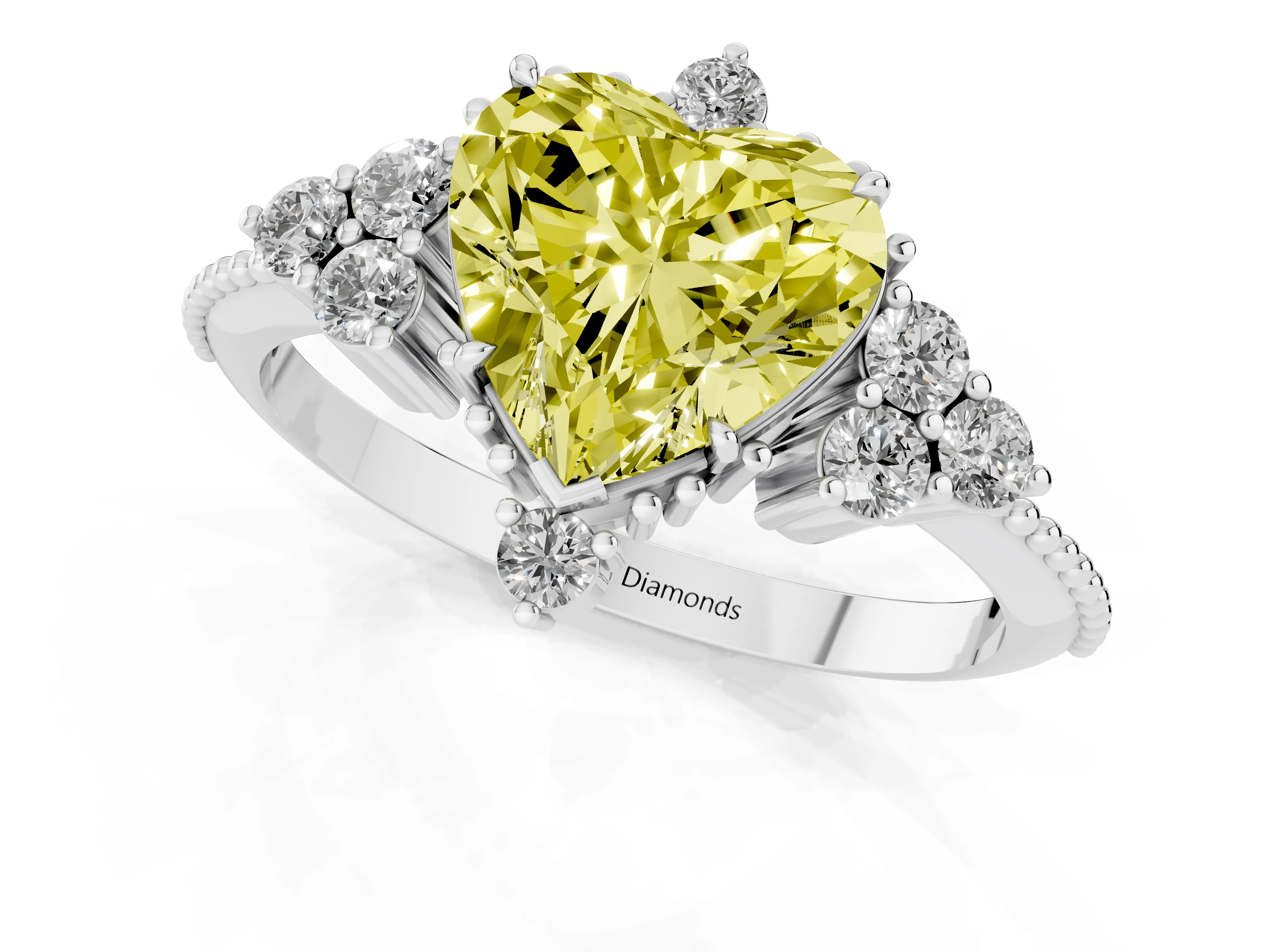 Fancy Yellow Heart Cut Diamond Cluster Ring Set in White gold with Beaded Band