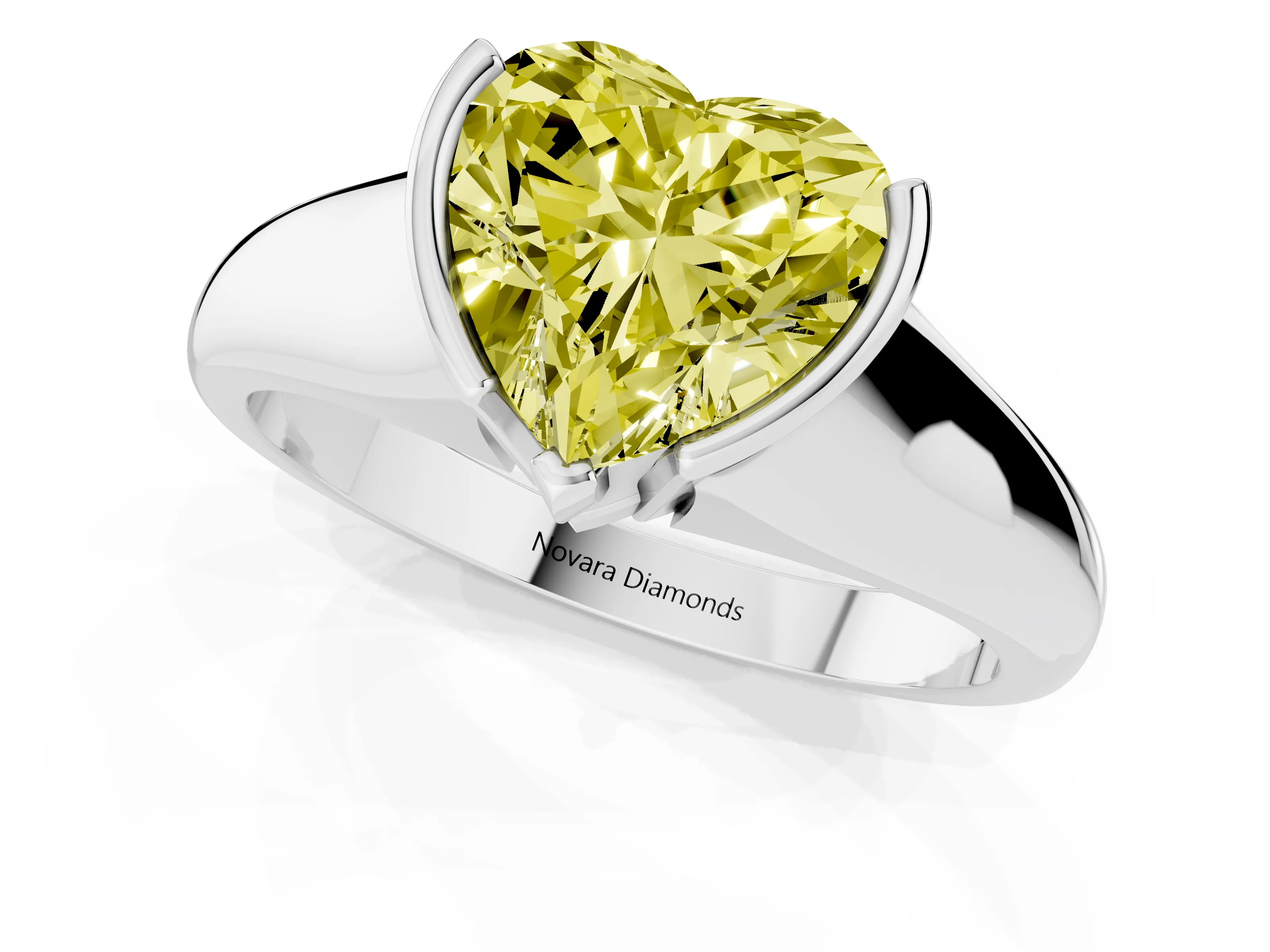 Fancy Yellow Heart Cut Diamond Solitaire Tension Set Ring Set in Silver with Split Shank Band