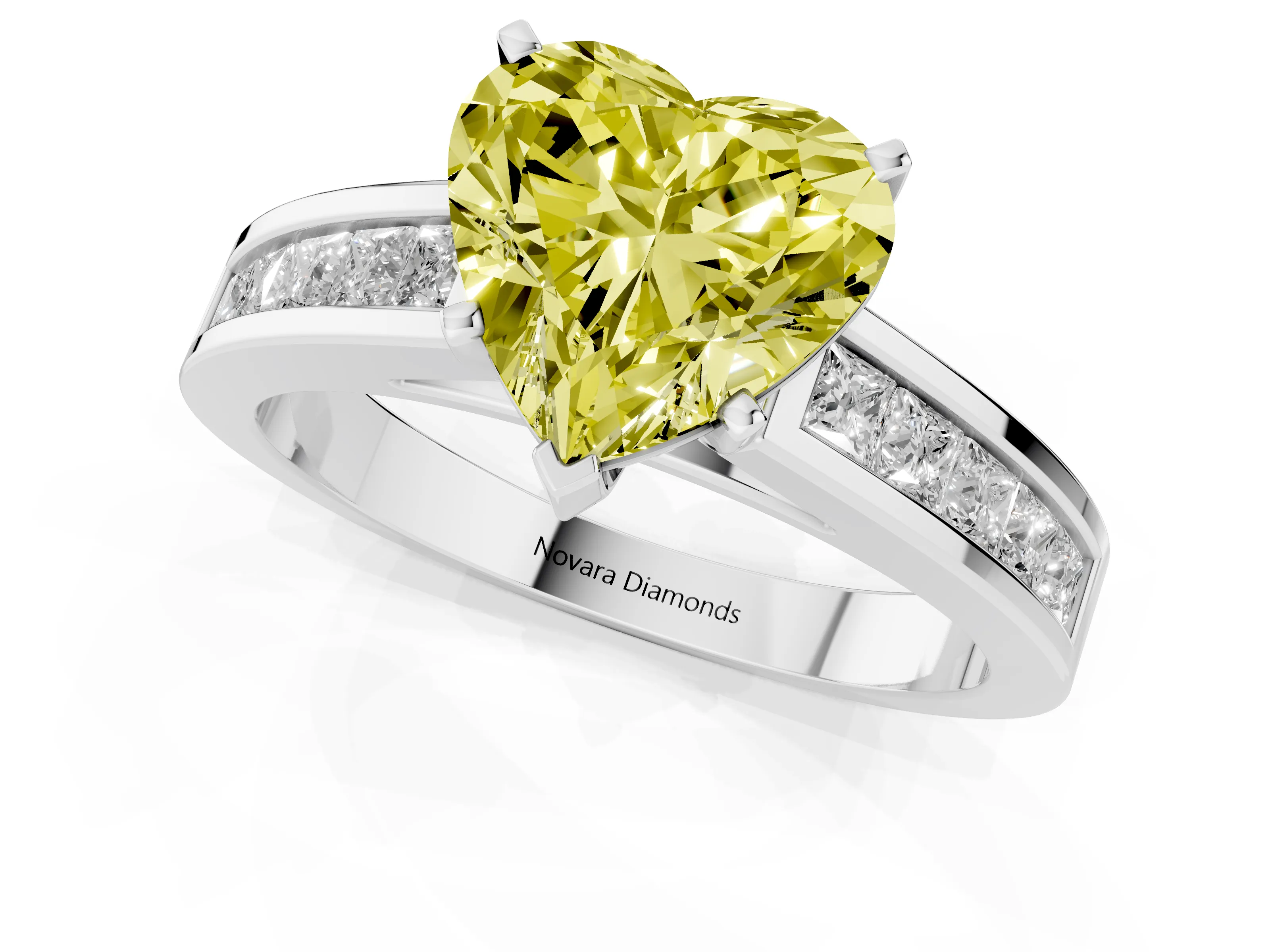 Fancy Yellow Heart Cut Diamond Solitaire Ring Set in Platinum with Channel-Set Band and Prong Setting