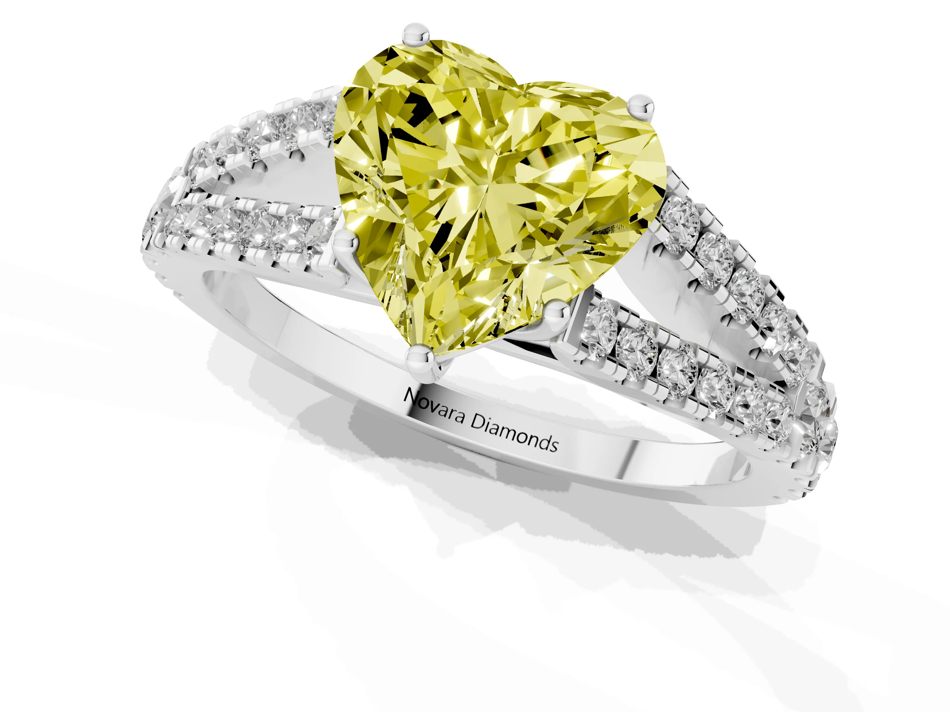 Fancy Yellow Heart Cut Diamond Split Shank Pavé Engagement Ring Set in Platinum with Prong-Held Center Stone