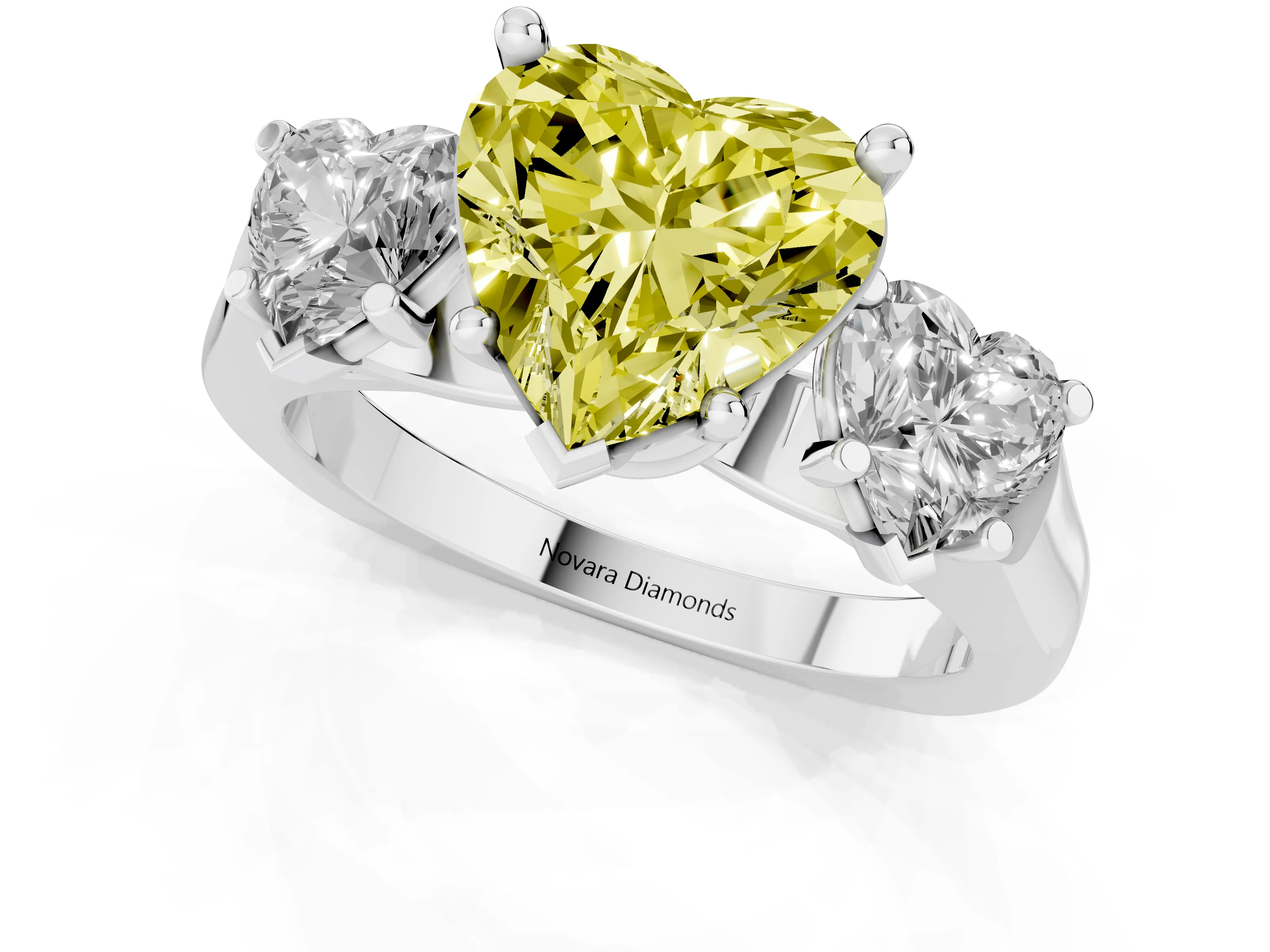 Fancy Yellow Heart Cut Diamond Three-Stone Trellis Ring Set in Platinum with Comfort Fit Band