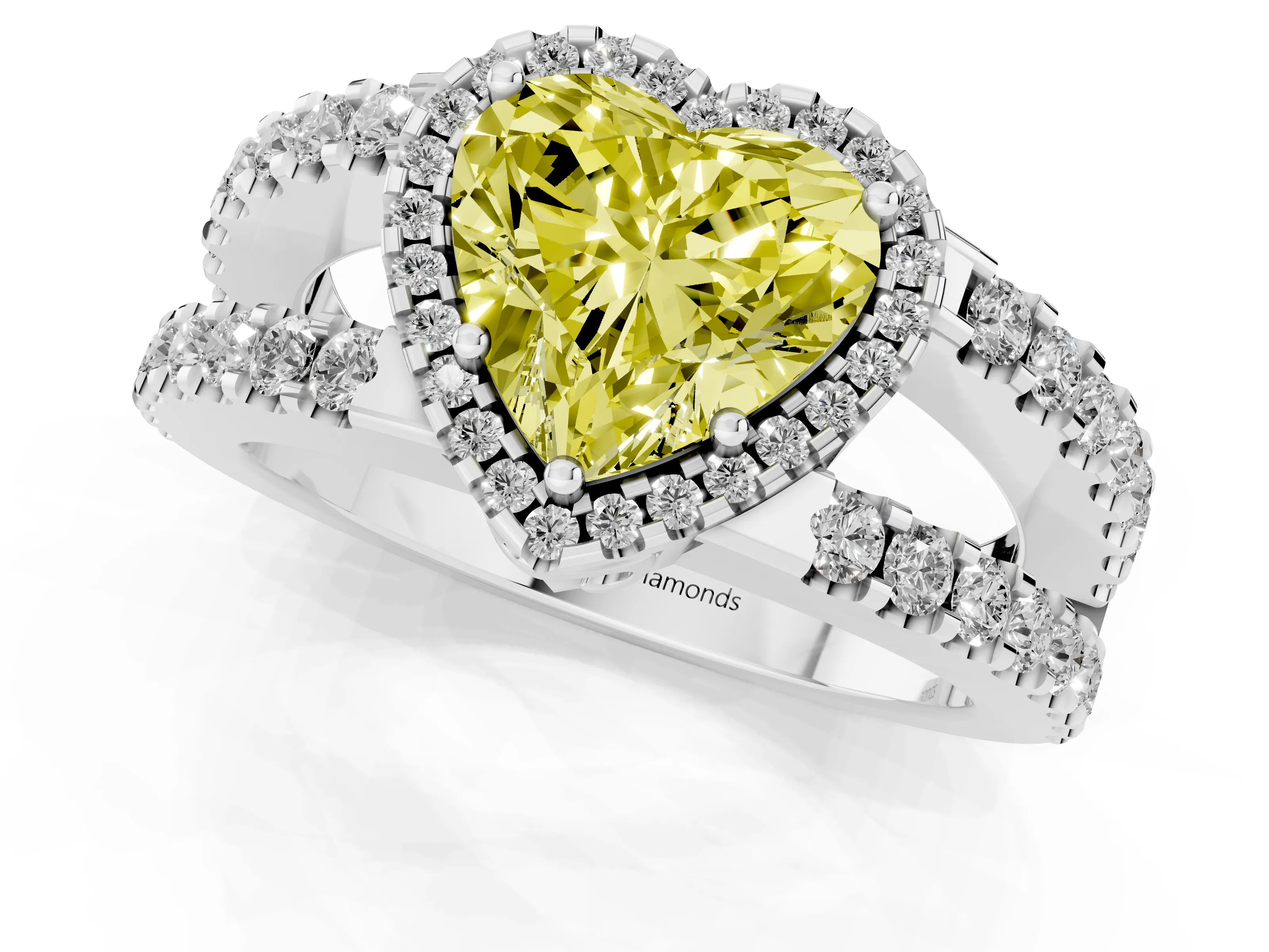 Fancy Yellow Heart Cut Diamond Halo Ring Set in Silver with Pavé Split Shank and Prong Setting