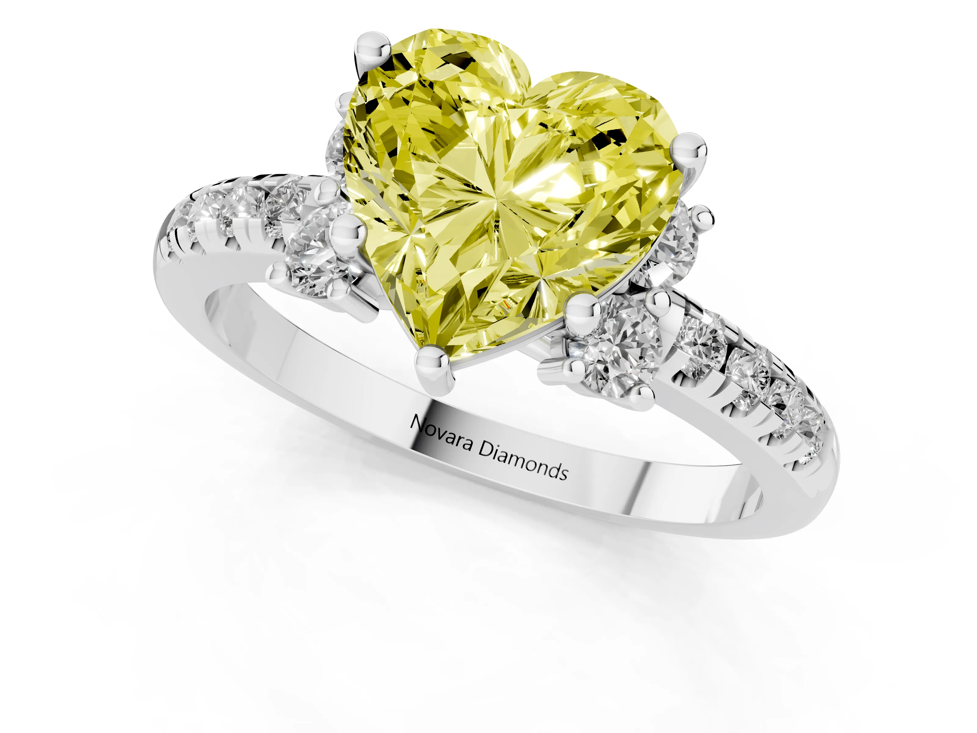 Fancy Yellow Heart Cut Diamond Three-Stone Pavé Ring Set in Silver with Prong Setting