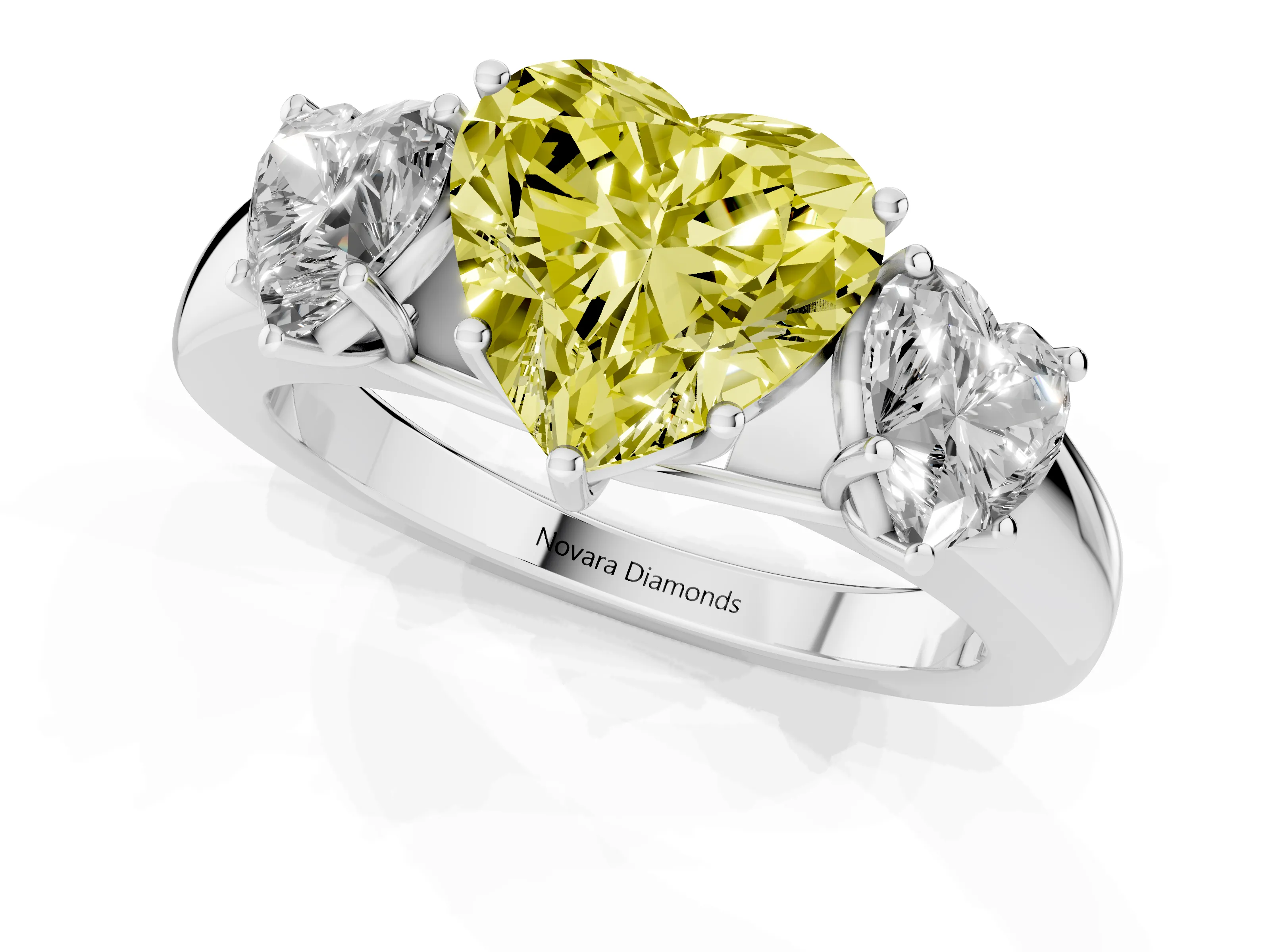 Fancy Yellow Three-Stone Heart Cut Diamond Ring Set in Silver with Matching Prong Settings and Plain Band