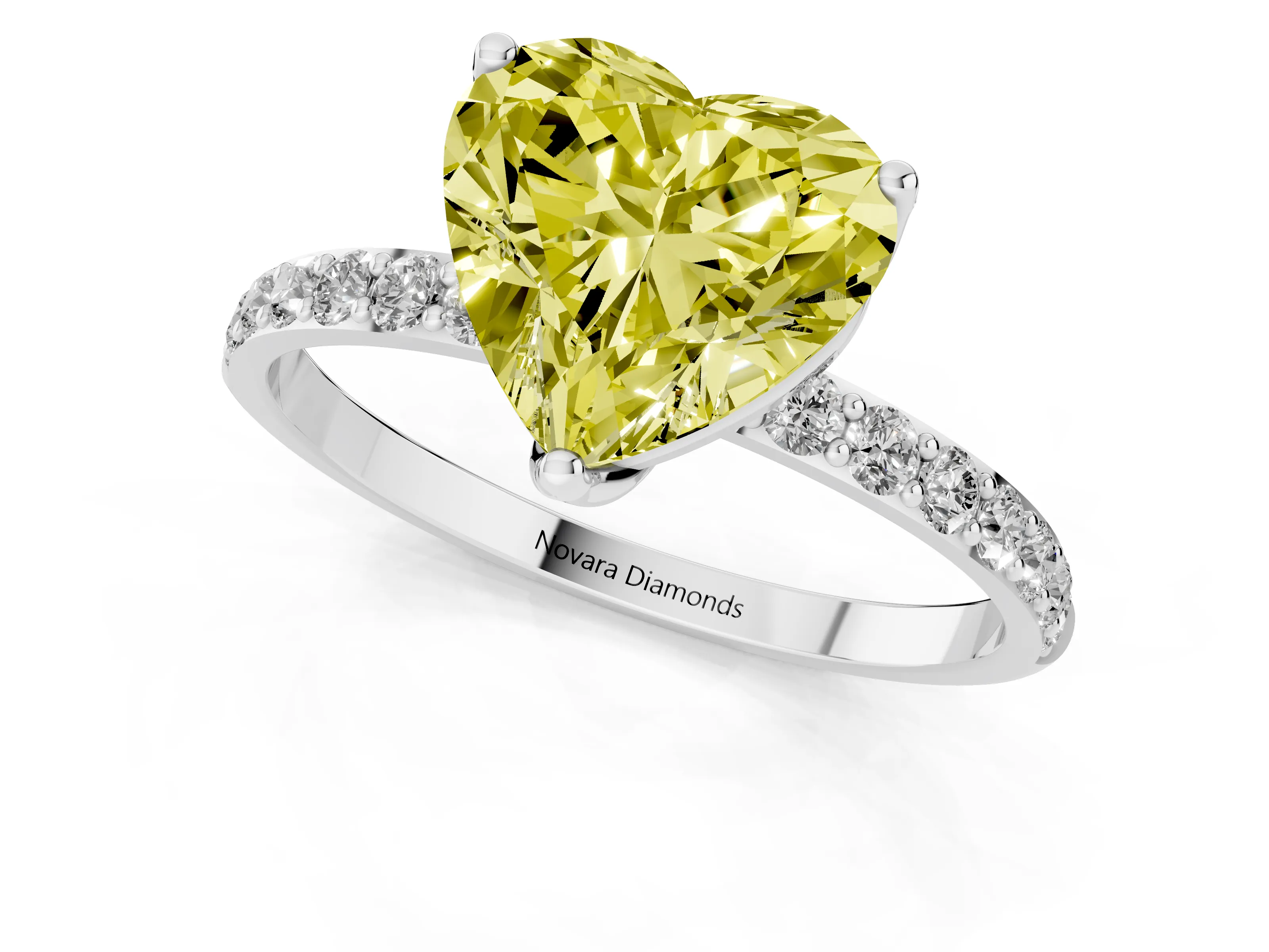 Fancy Yellow Heart Cut Diamond Solitaire Engagement Ring Set in Platinum with Round Pavé Band and Prong Setting