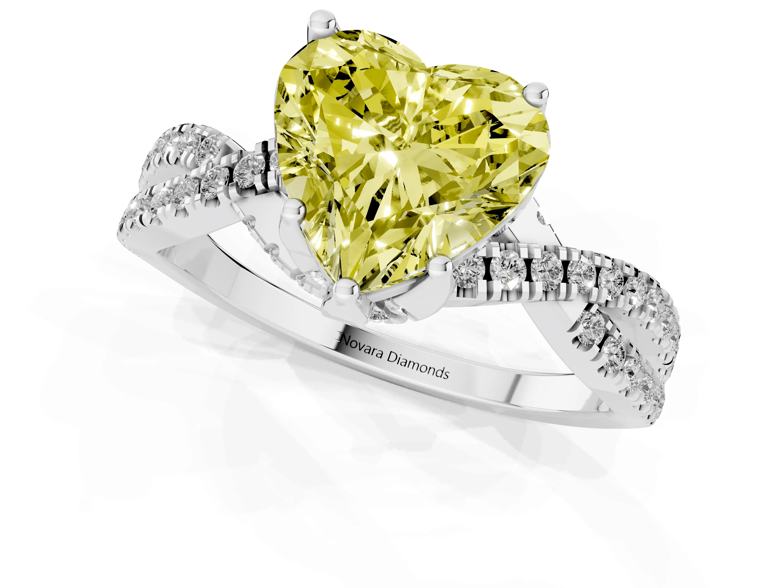 Fancy Yellow Heart Cut Diamond Twist Pavé Solitaire Engagement Ring Set in Platinum with Prong Setting